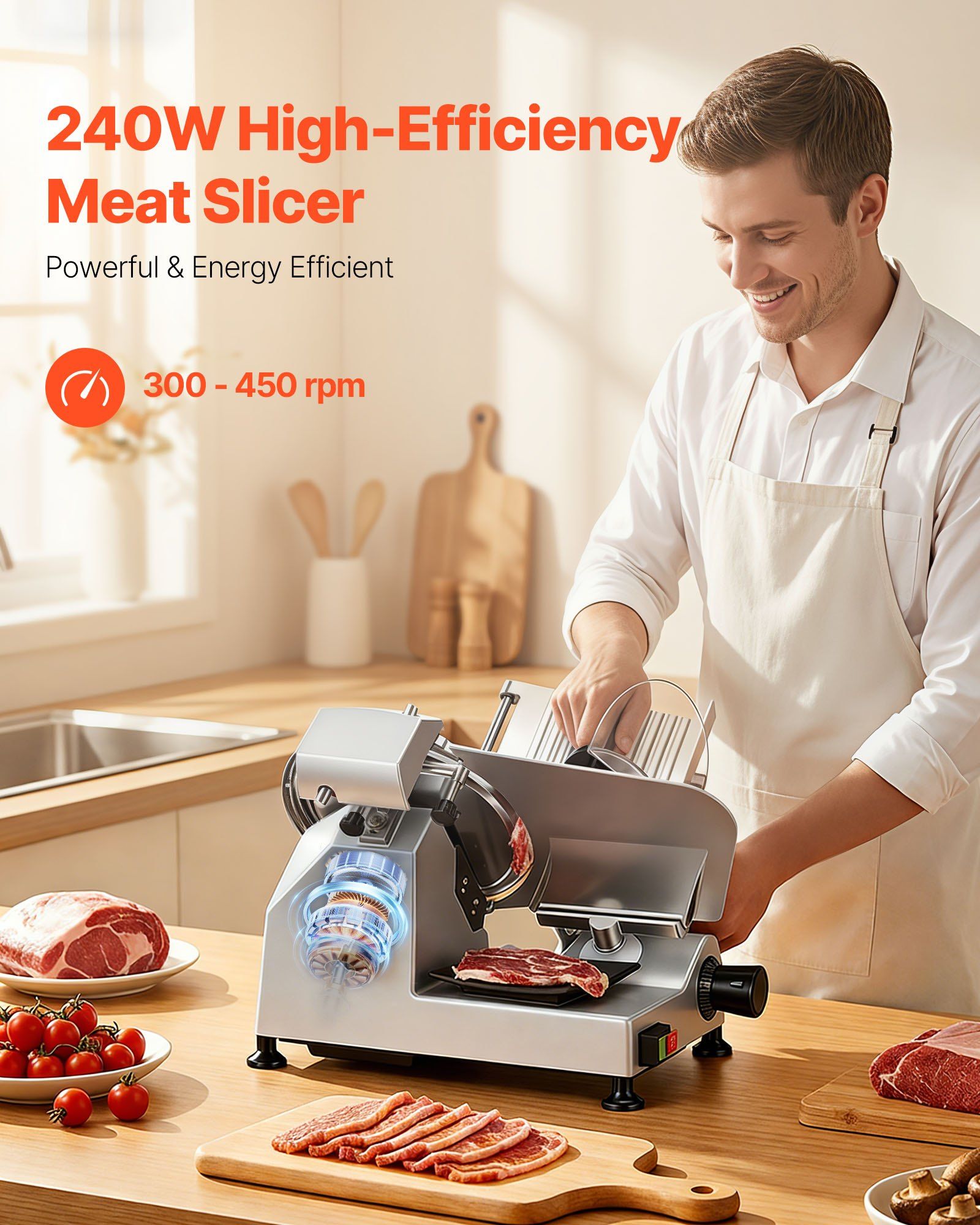Commercial Meat Slicer, 240W Electric Deli Food Slicer with 250mm Carbon Steel Blade, Built-In Sharpener & 0-12mm Adjustable Thickness for Frozen Meat, Ham, Baguett, Steak - Image 2