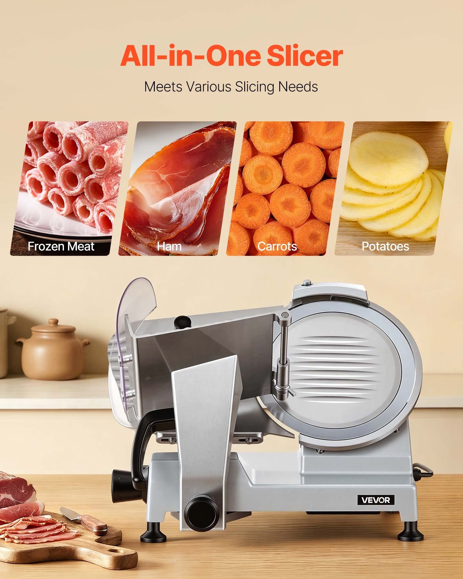 Commercial Meat Slicer, 240W Electric Deli Food Slicer with 250mm Carbon Steel Blade, Built-In Sharpener & 0-12mm Adjustable Thickness for Frozen Meat, Ham, Baguett, Steak - Image 5