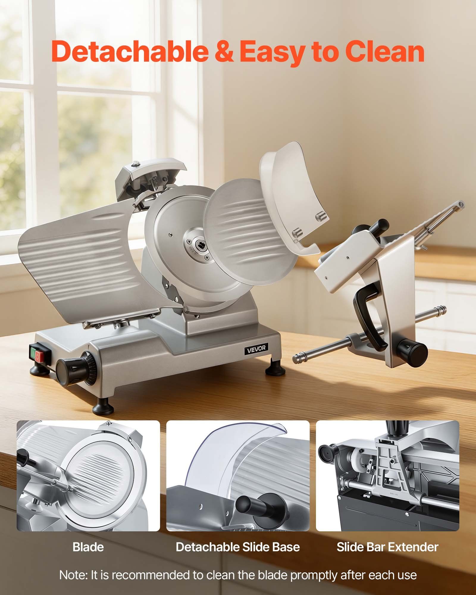 Commercial Meat Slicer, 240W Electric Deli Food Slicer with 250mm Carbon Steel Blade, Built-In Sharpener & 0-12mm Adjustable Thickness for Frozen Meat, Ham, Baguett, Steak - Image 6