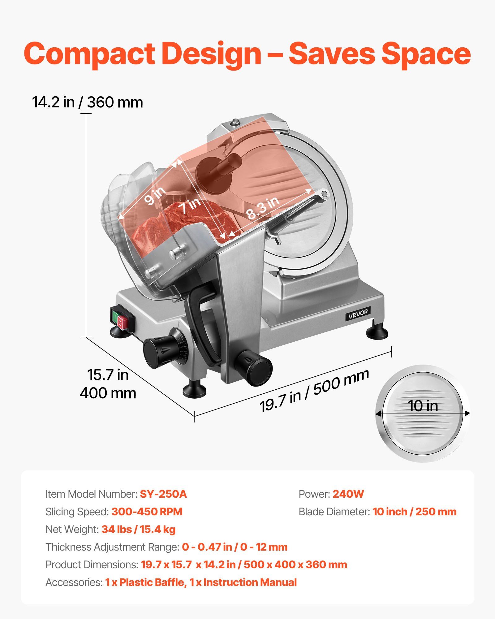 Commercial Meat Slicer, 240W Electric Deli Food Slicer with 250mm Carbon Steel Blade, Built-In Sharpener & 0-12mm Adjustable Thickness for Frozen Meat, Ham, Baguett, Steak - Image 7