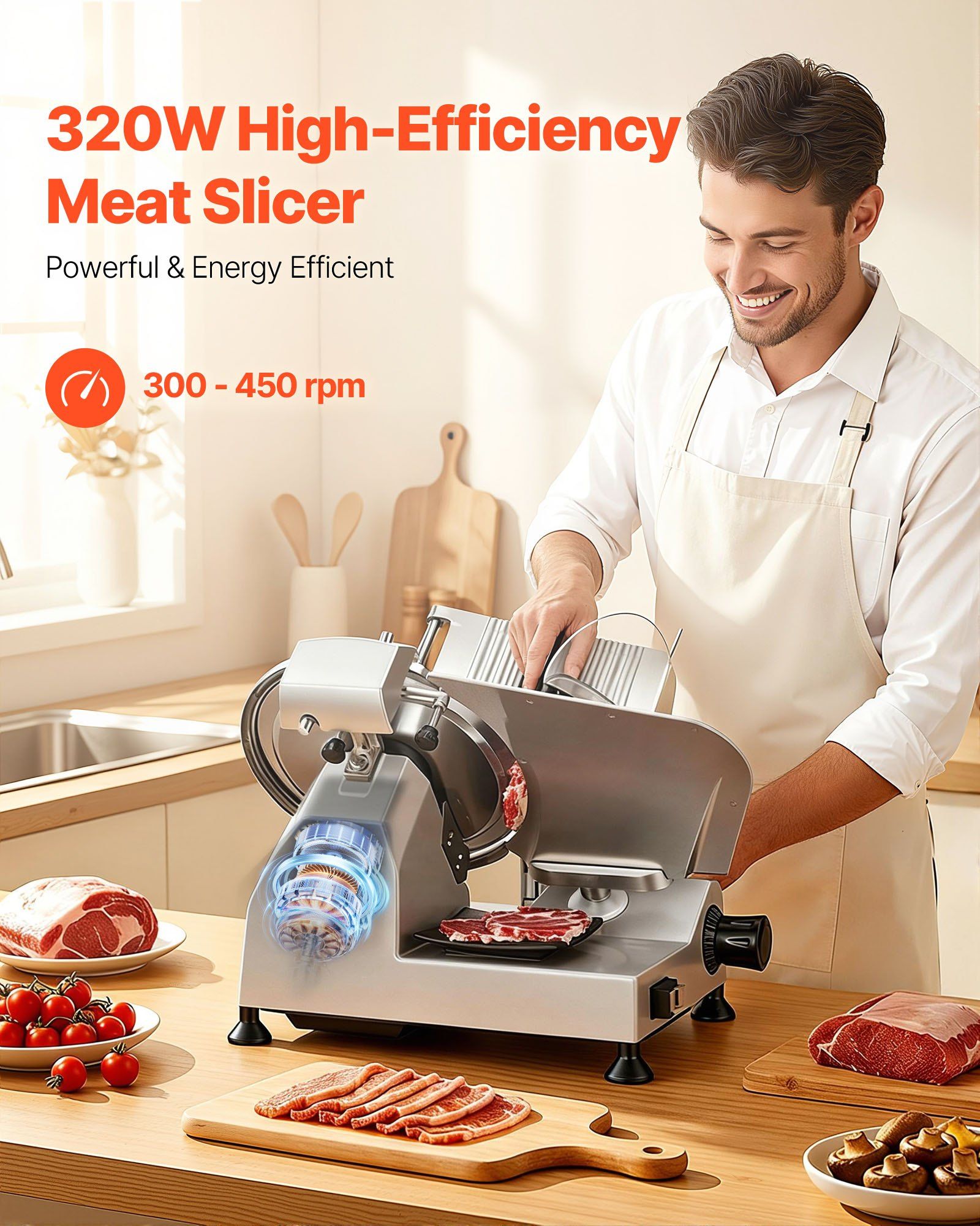 Commercial Meat Slicer, 320W Electric Deli Food Slicer with 300mm Carbon Steel Blade, Built-In Sharpener & 0-15mm Adjustable Thickness for Frozen Meat, Ham, Baguett, Steak - Image 2