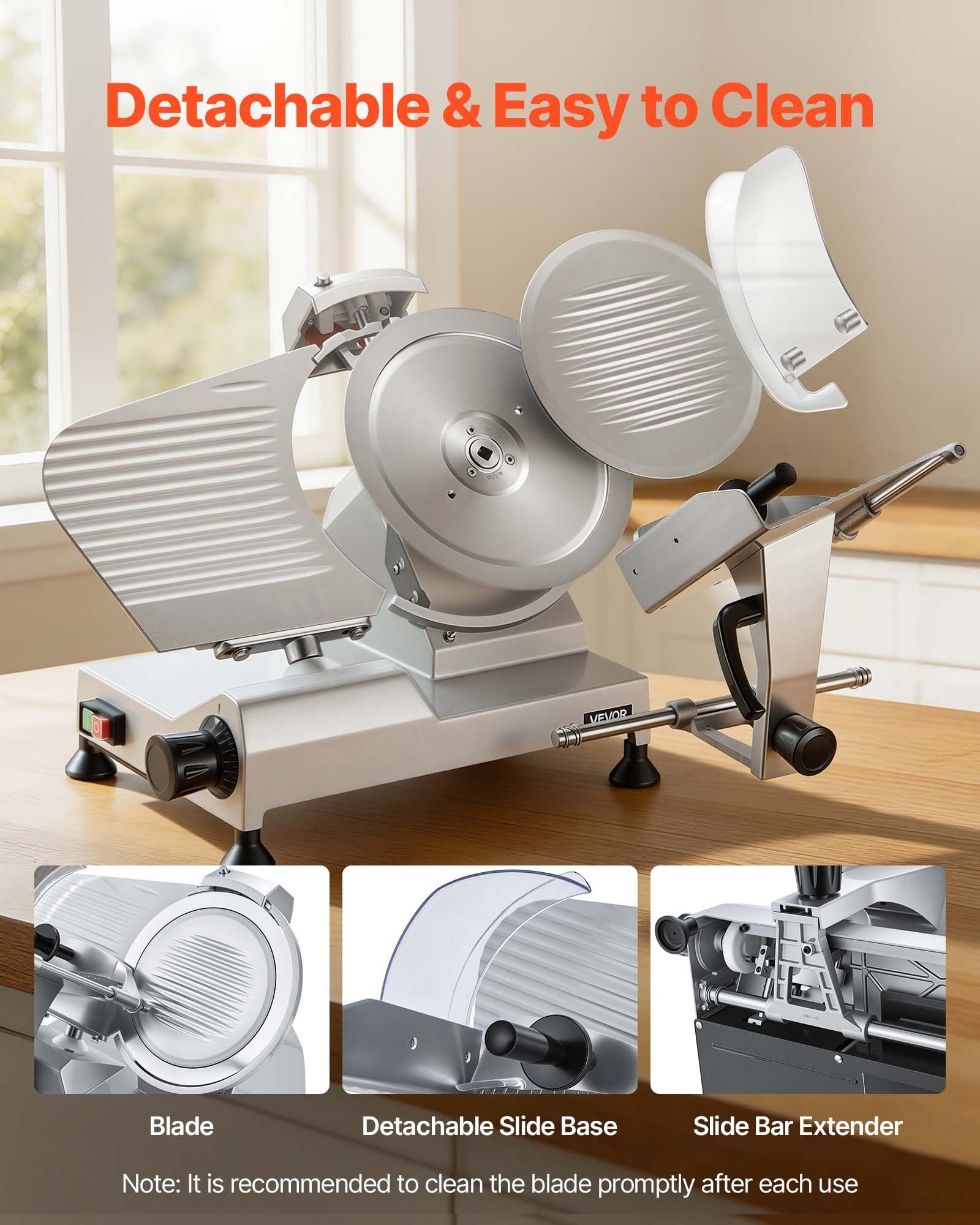 Commercial Meat Slicer, 320W Electric Deli Food Slicer with 300mm Carbon Steel Blade, Built-In Sharpener & 0-15mm Adjustable Thickness for Frozen Meat, Ham, Baguett, Steak - Image 6