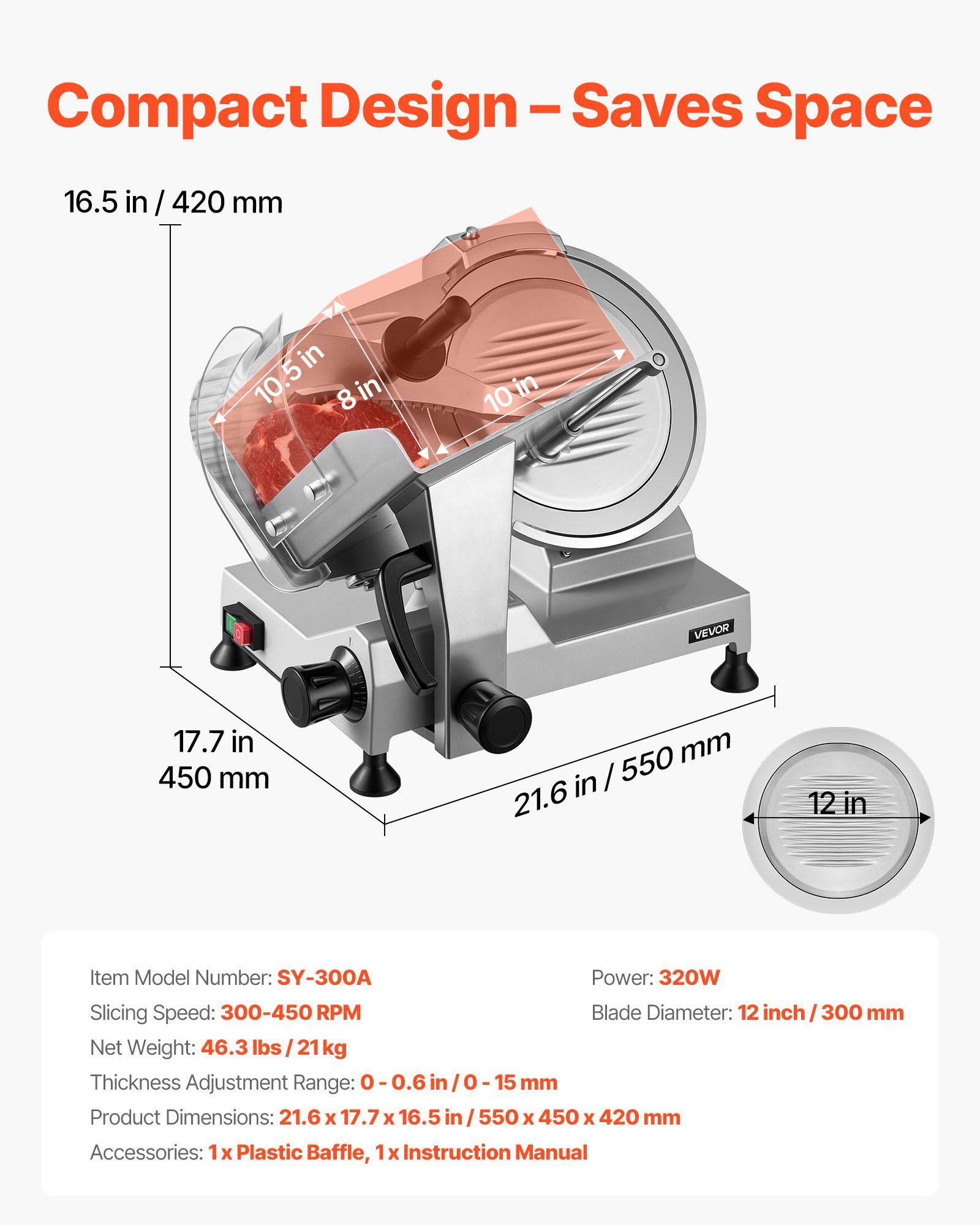 Commercial Meat Slicer, 320W Electric Deli Food Slicer with 300mm Carbon Steel Blade, Built-In Sharpener & 0-15mm Adjustable Thickness for Frozen Meat, Ham, Baguett, Steak - Image 7