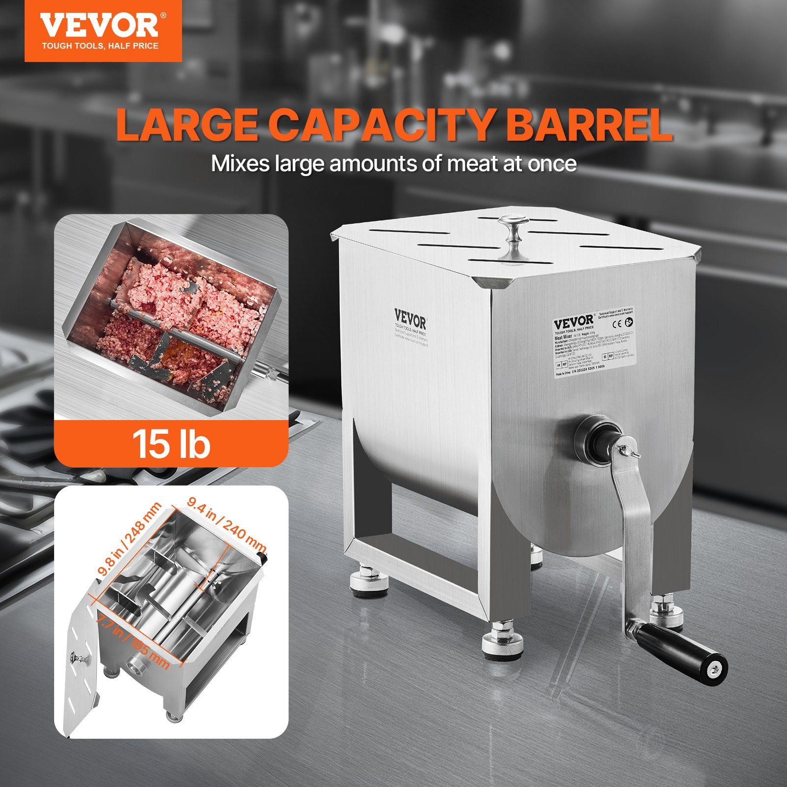 Manual Meat Mixer, 15L Fixed Tank Meat Processing Equipment(Mixing Maximum 15LBS for Meat), Stainless Steel Meat Mixer, Sausage Mixer Machine with Lid and Handle, Ground Beef Hand Mixer - Image 2