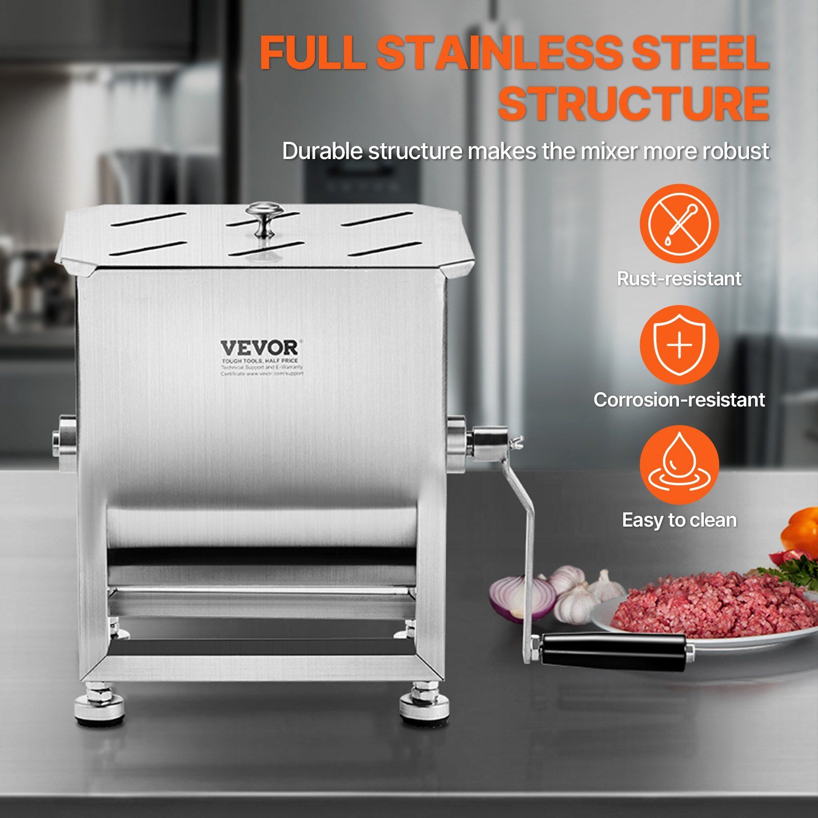 Manual Meat Mixer, 15L Fixed Tank Meat Processing Equipment(Mixing Maximum 15LBS for Meat), Stainless Steel Meat Mixer, Sausage Mixer Machine with Lid and Handle, Ground Beef Hand Mixer - Image 5
