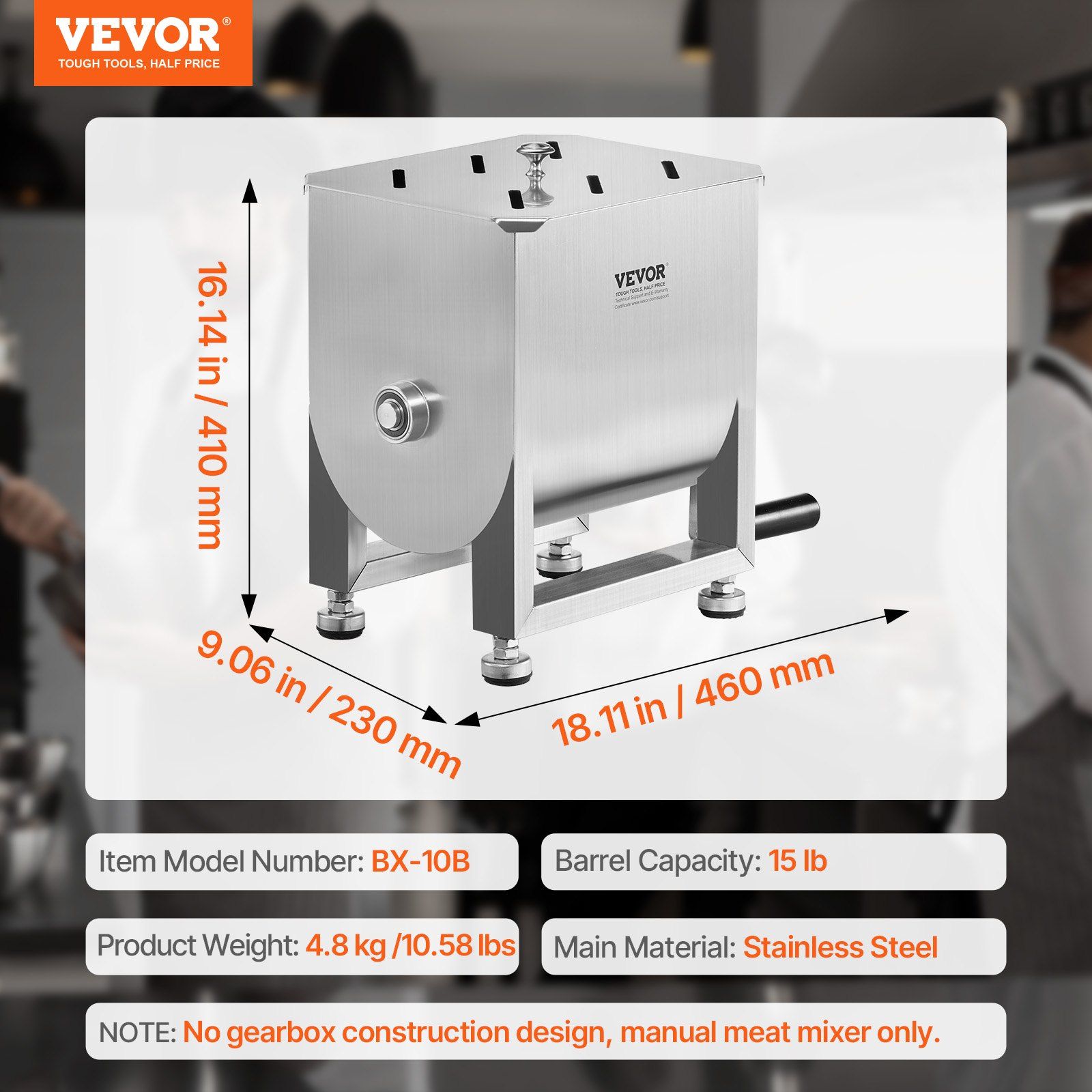 Manual Meat Mixer, 15L Fixed Tank Meat Processing Equipment(Mixing Maximum 15LBS for Meat), Stainless Steel Meat Mixer, Sausage Mixer Machine with Lid and Handle, Ground Beef Hand Mixer - Image 7