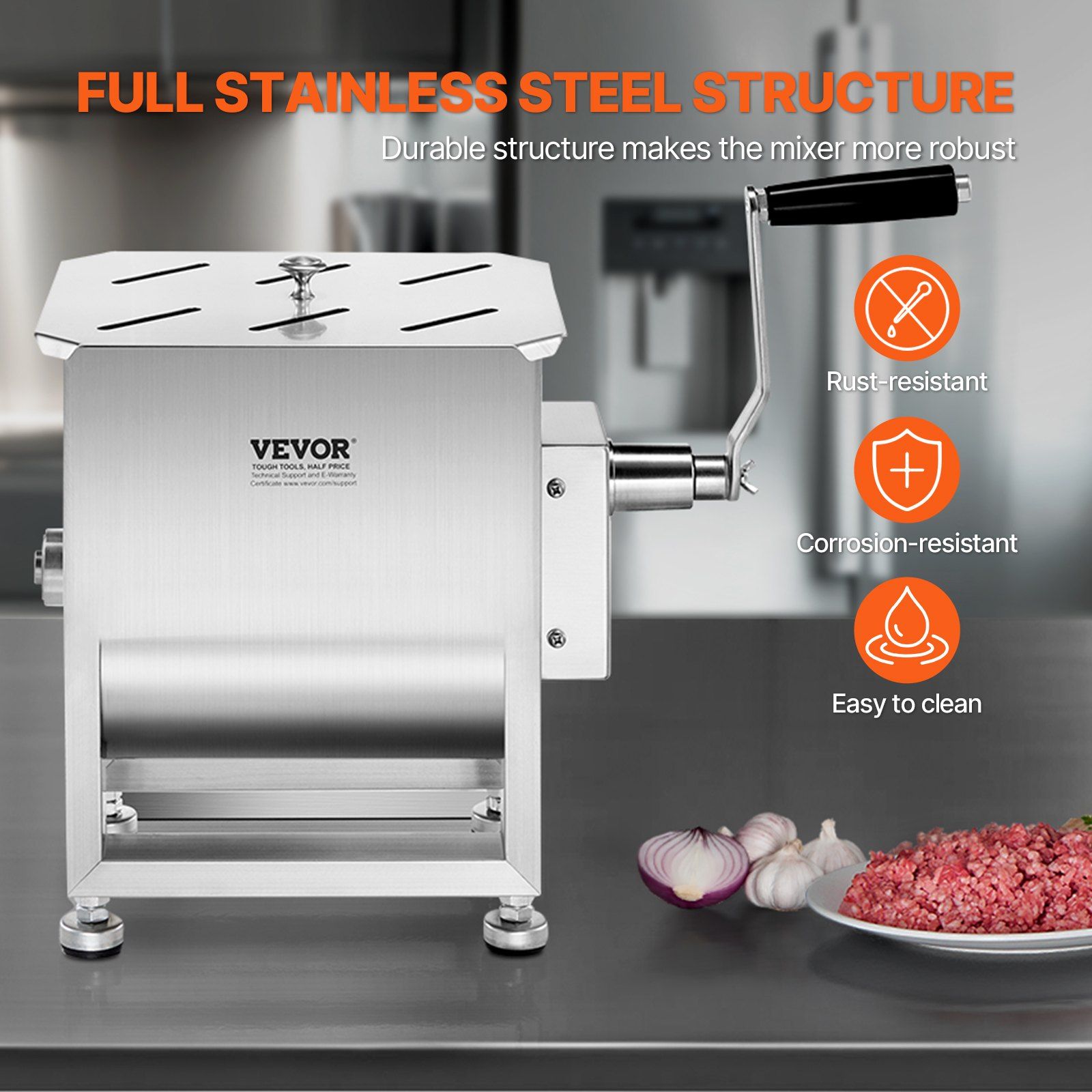 Manual Meat Mixer, 10L Fixed Tank Meat Processing Equipment(Mixing Max 15LBS for Meats), Stainless Steel Sausage Mixer Machine with Lid Handle Gear Reducer, Ground Beef Hand Mixers - Image 5