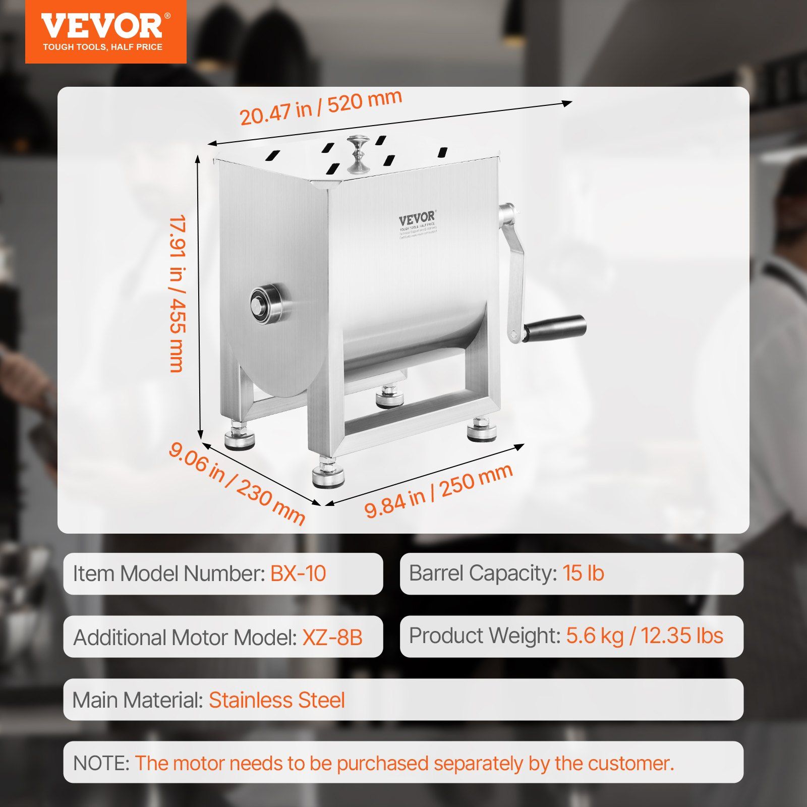 Manual Meat Mixer, 10L Fixed Tank Meat Processing Equipment(Mixing Max 15LBS for Meats), Stainless Steel Sausage Mixer Machine with Lid Handle Gear Reducer, Ground Beef Hand Mixers - Image 7