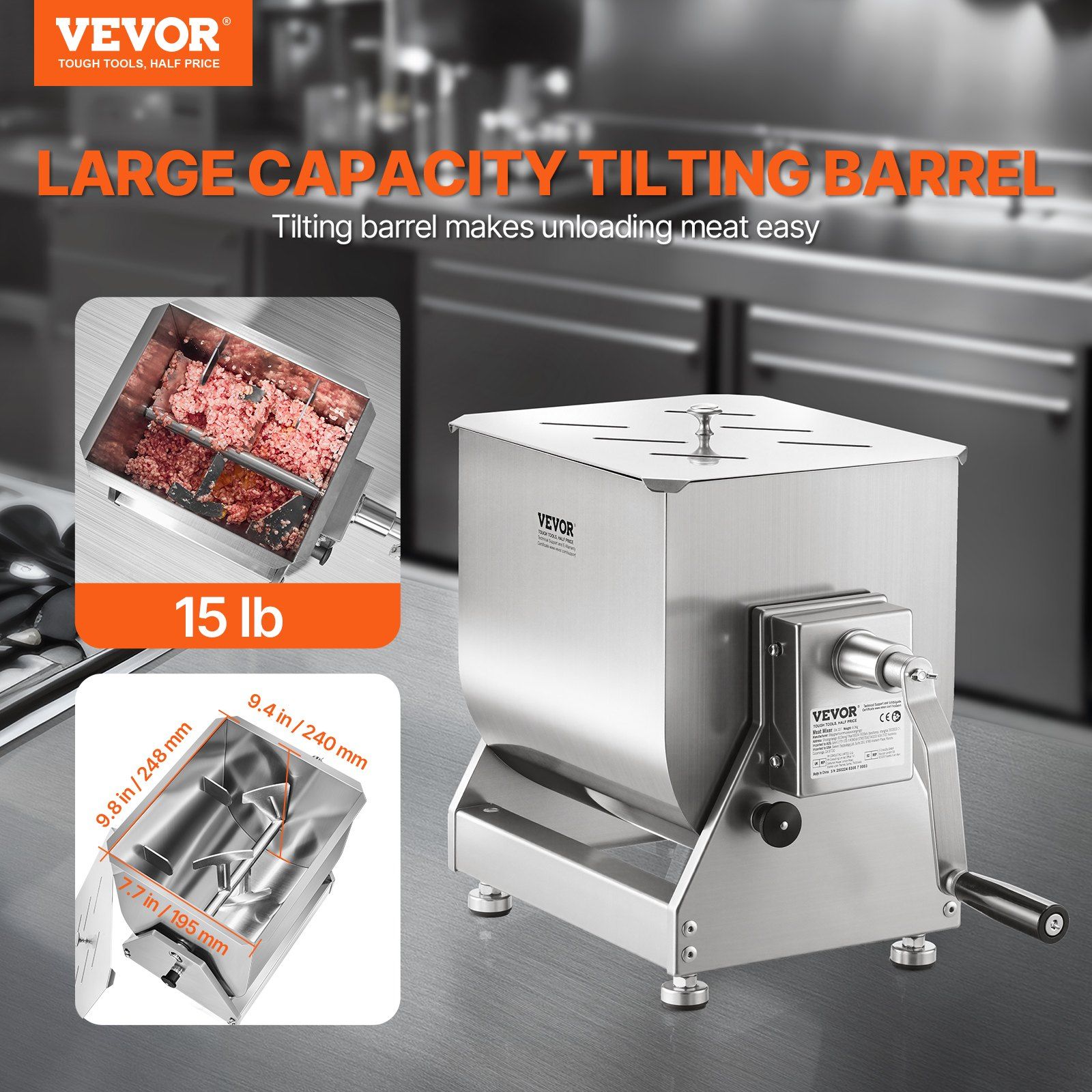 Manual Meat Mixer, 15L Tilt Tank Meat Processing Equipment(Mixing Max 15LBS for Meat), Stainless Steel Meat Mixer, Sausage Mixer Machine with Lid Handle Gear Reducer, Ground Beef Hand Mixer - Image 2
