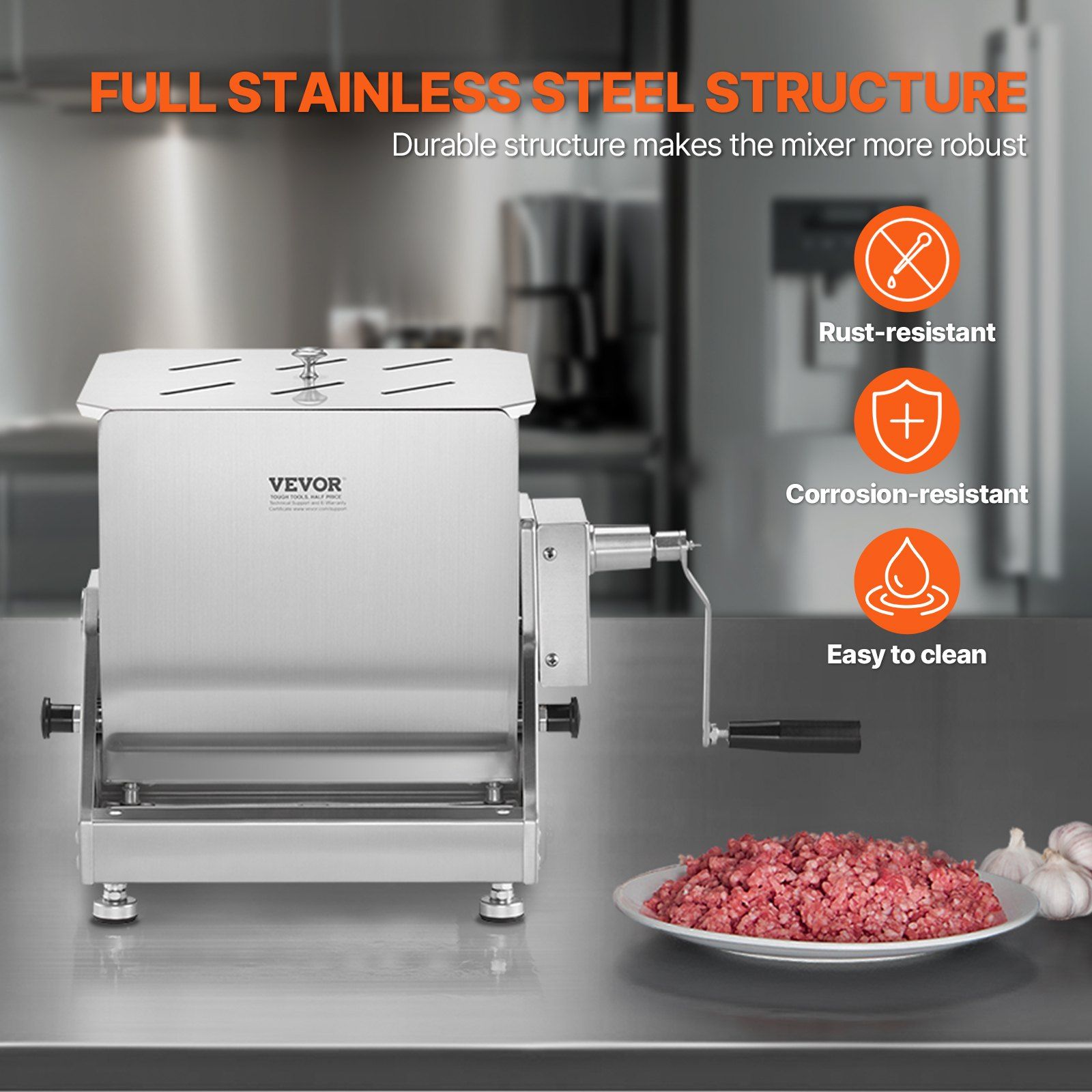 Manual Meat Mixer, 15L Tilt Tank Meat Processing Equipment(Mixing Max 15LBS for Meat), Stainless Steel Meat Mixer, Sausage Mixer Machine with Lid Handle Gear Reducer, Ground Beef Hand Mixer - Image 5