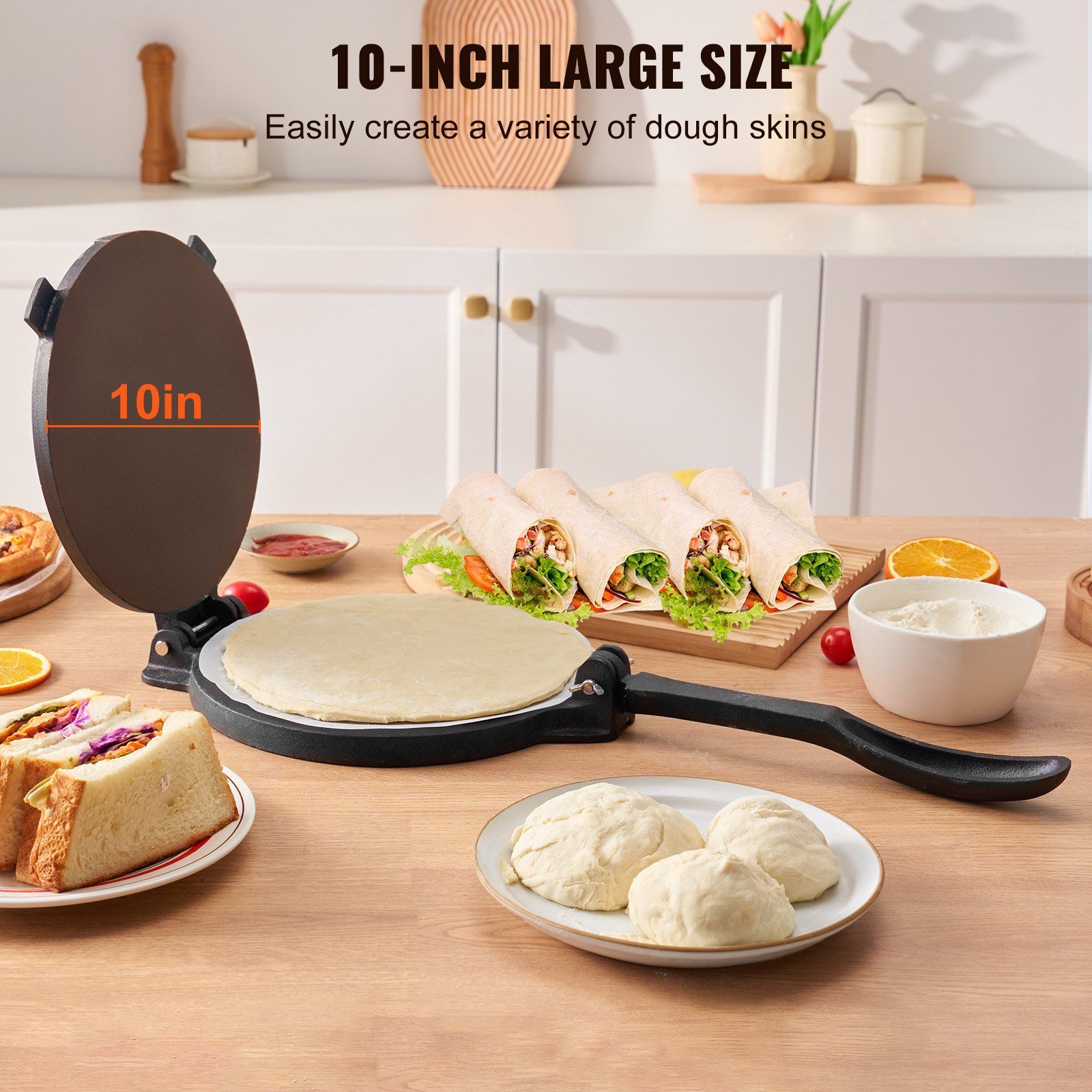 Tortilla Press, 250mm Tortilla and Roti Maker, Cast Iron Heavy Duty Tortilladora Press, Pre-Seasoned Pataconera Maker with 100 Pcs Parchment Paper, Dough Maker for Flour Tortilla, Tawa, Silver - Image 2