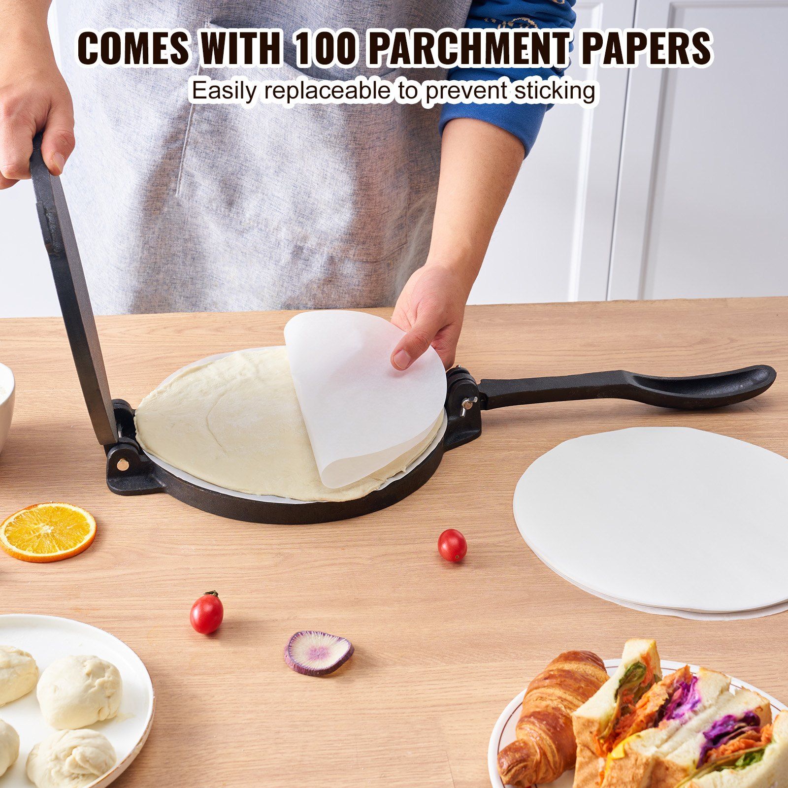 Tortilla Press, 250mm Tortilla and Roti Maker, Cast Iron Heavy Duty Tortilladora Press, Pre-Seasoned Pataconera Maker with 100 Pcs Parchment Paper, Dough Maker for Flour Tortilla, Tawa, Silver - Image 5