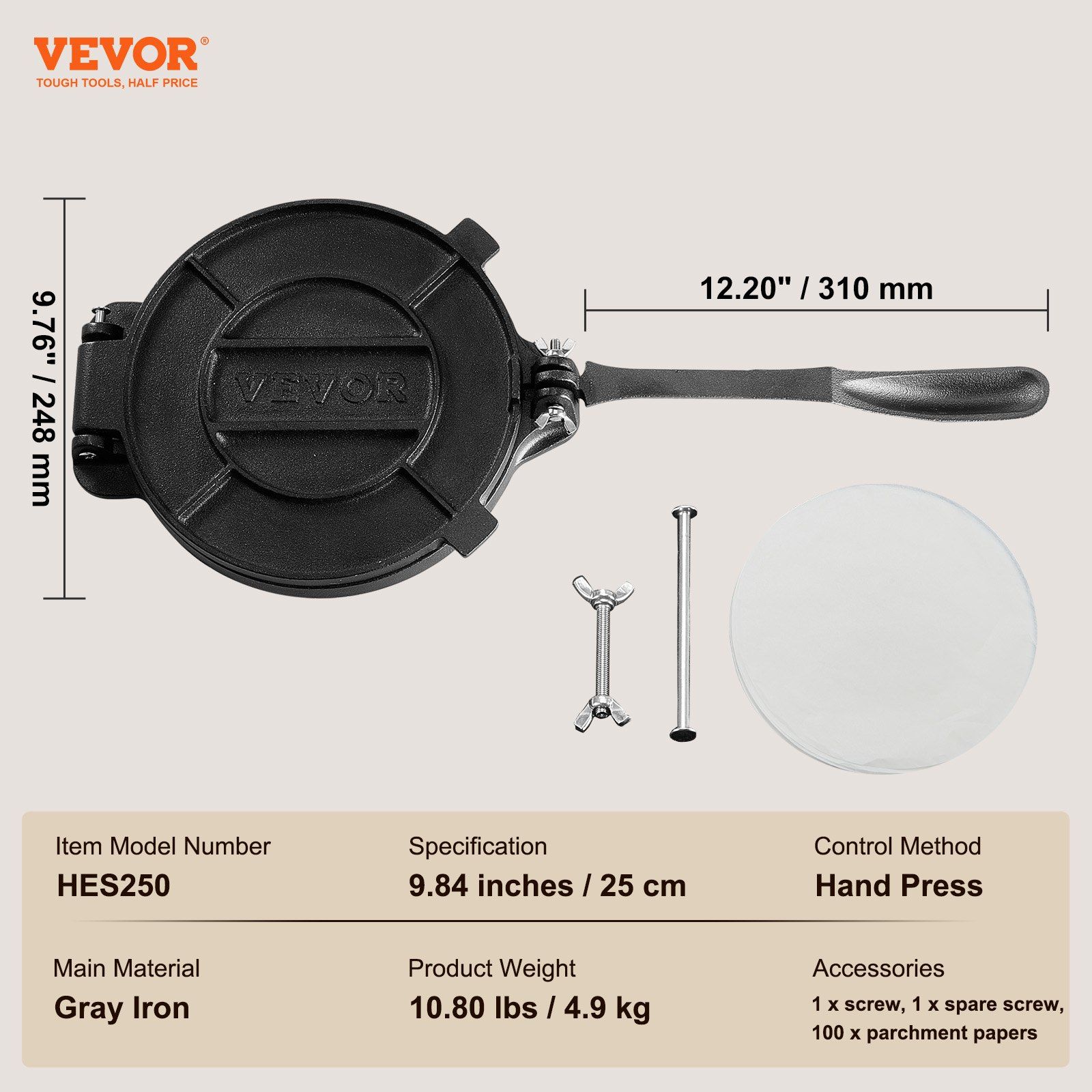 Tortilla Press, 250mm Tortilla and Roti Maker, Cast Iron Heavy Duty Tortilladora Press, Pre-Seasoned Pataconera Maker with 100 Pcs Parchment Paper, Dough Maker for Flour Tortilla, Tawa, Silver - Image 7