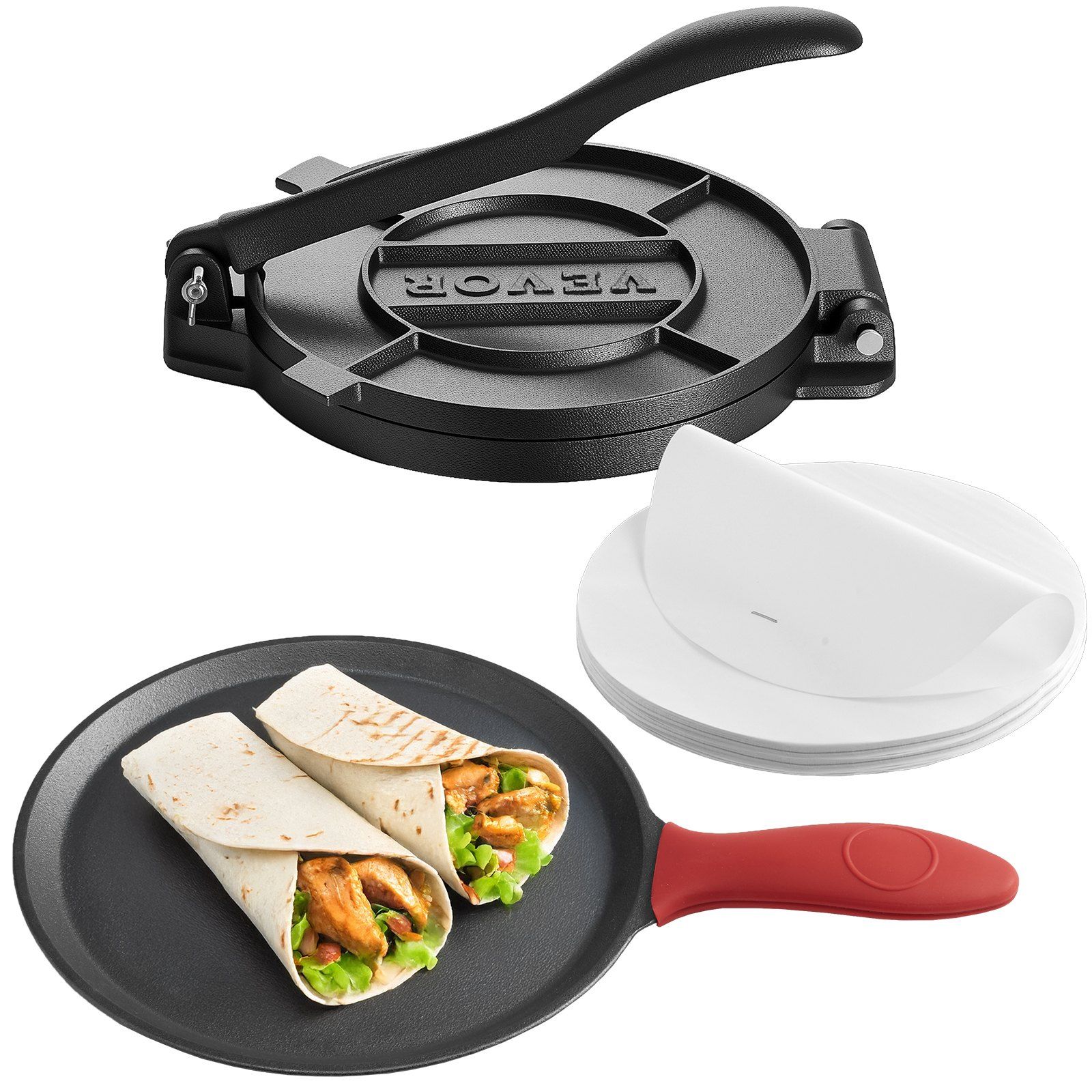 Tortilla Press, 250mm Cast Iron Tortilla and Roti Maker, Heavy Duty Tortilladora Press, Pataconera Makers with Handle and 100 Pcs Parchment Paper, Dough Taco Press for Flour Tortilla, Tawa - Image 1
