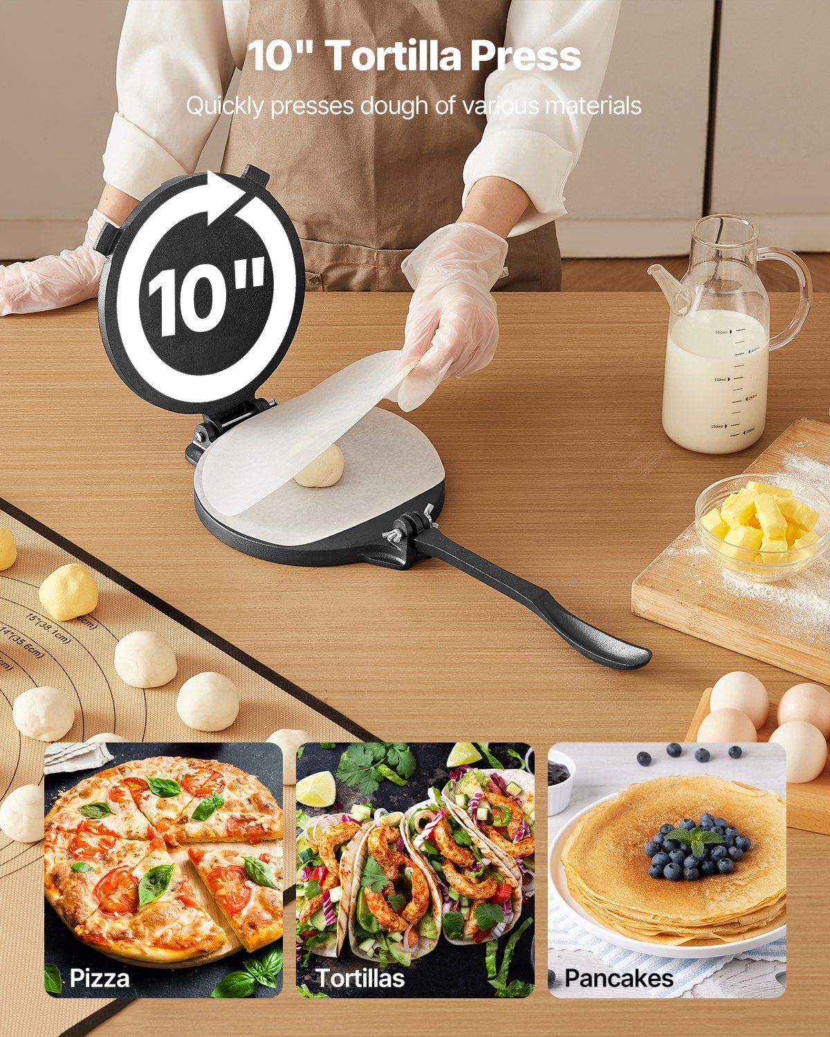 Tortilla Press, 250mm Cast Iron Tortilla and Roti Maker, Heavy Duty Tortilladora Press, Pataconera Makers with Handle and 100 Pcs Parchment Paper, Dough Taco Press for Flour Tortilla, Tawa - Image 2