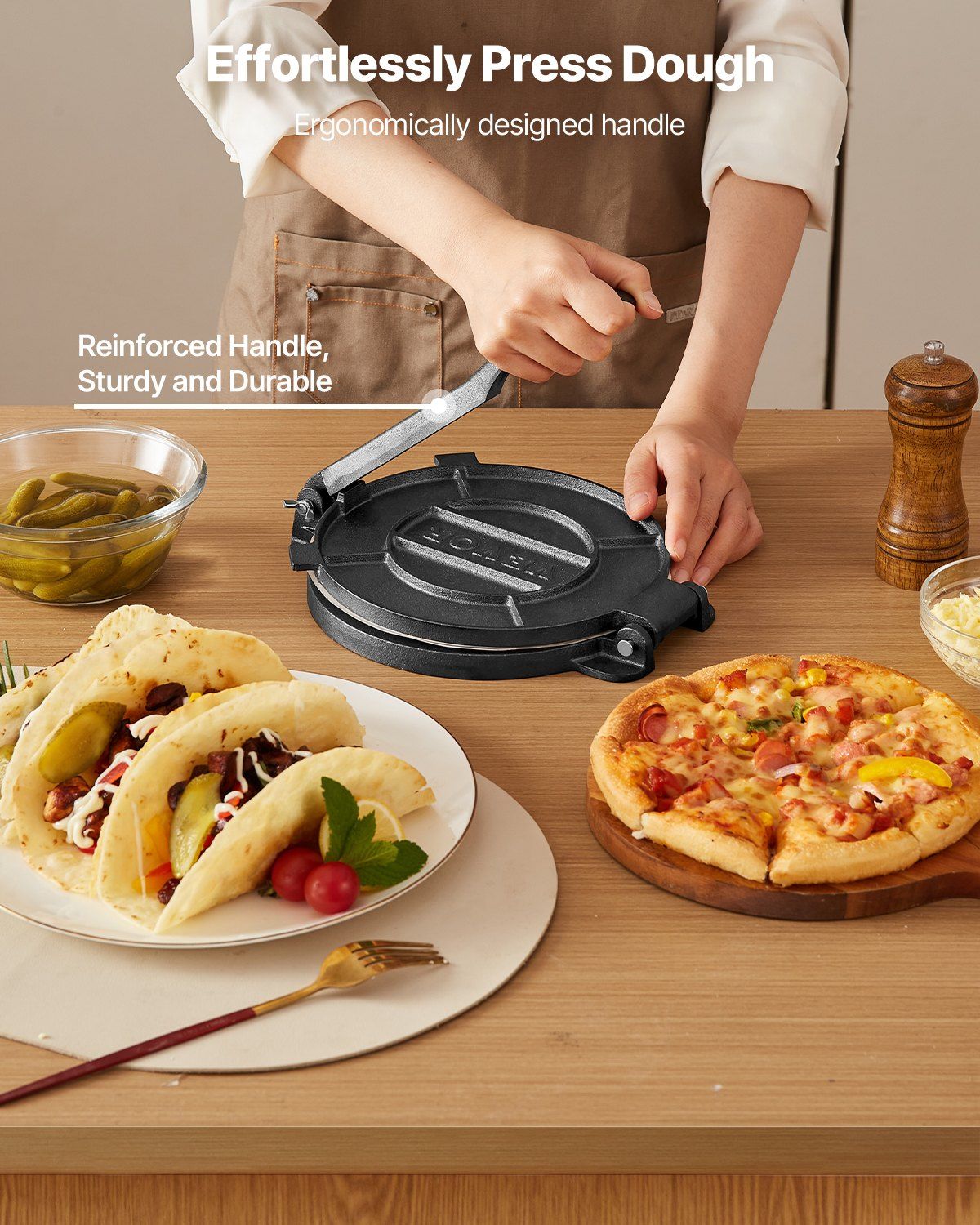 Tortilla Press, 250mm Cast Iron Tortilla and Roti Maker, Heavy Duty Tortilladora Press, Pataconera Makers with Handle and 100 Pcs Parchment Paper, Dough Taco Press for Flour Tortilla, Tawa - Image 3