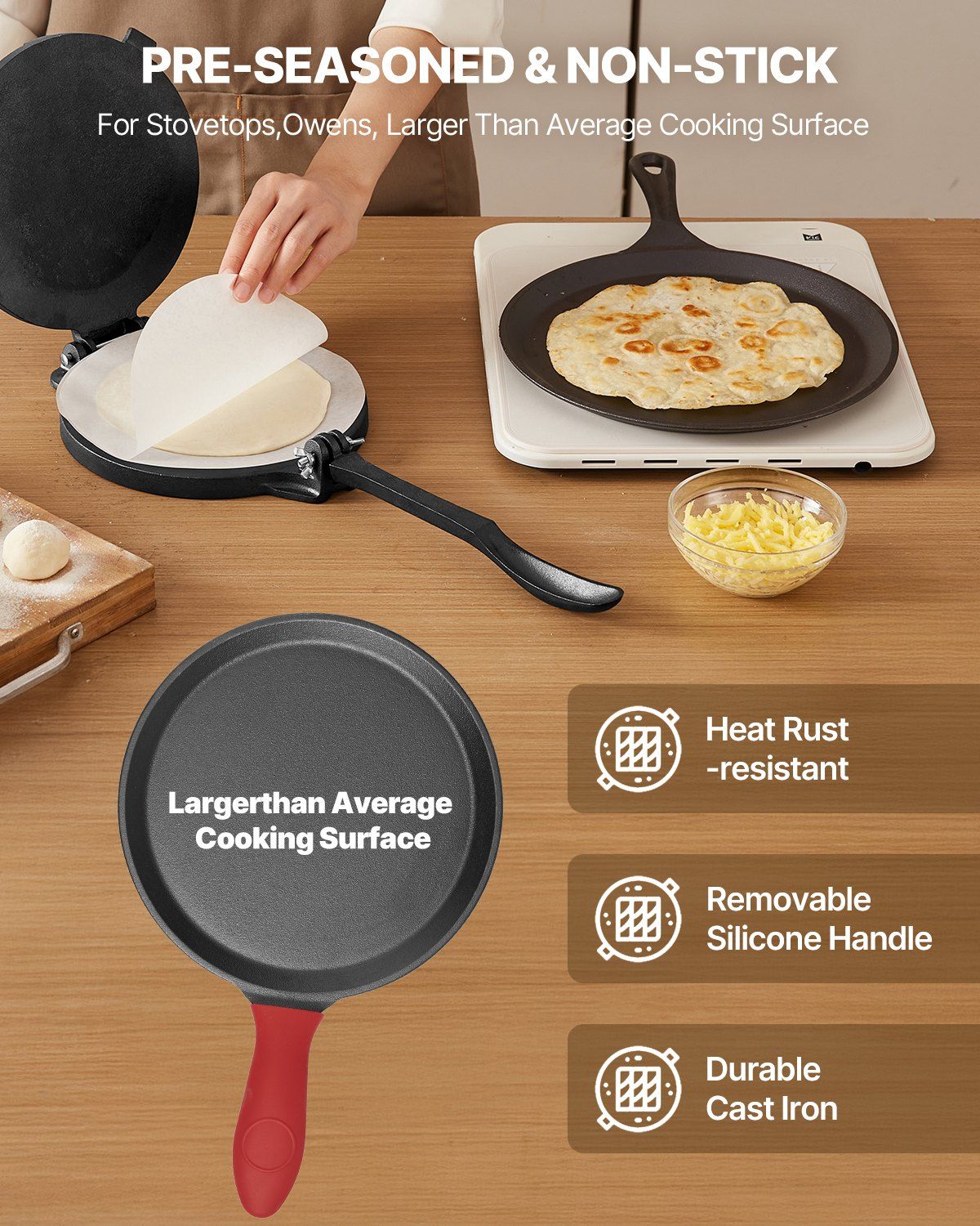 Tortilla Press, 250mm Cast Iron Tortilla and Roti Maker, Heavy Duty Tortilladora Press, Pataconera Makers with Handle and 100 Pcs Parchment Paper, Dough Taco Press for Flour Tortilla, Tawa - Image 5