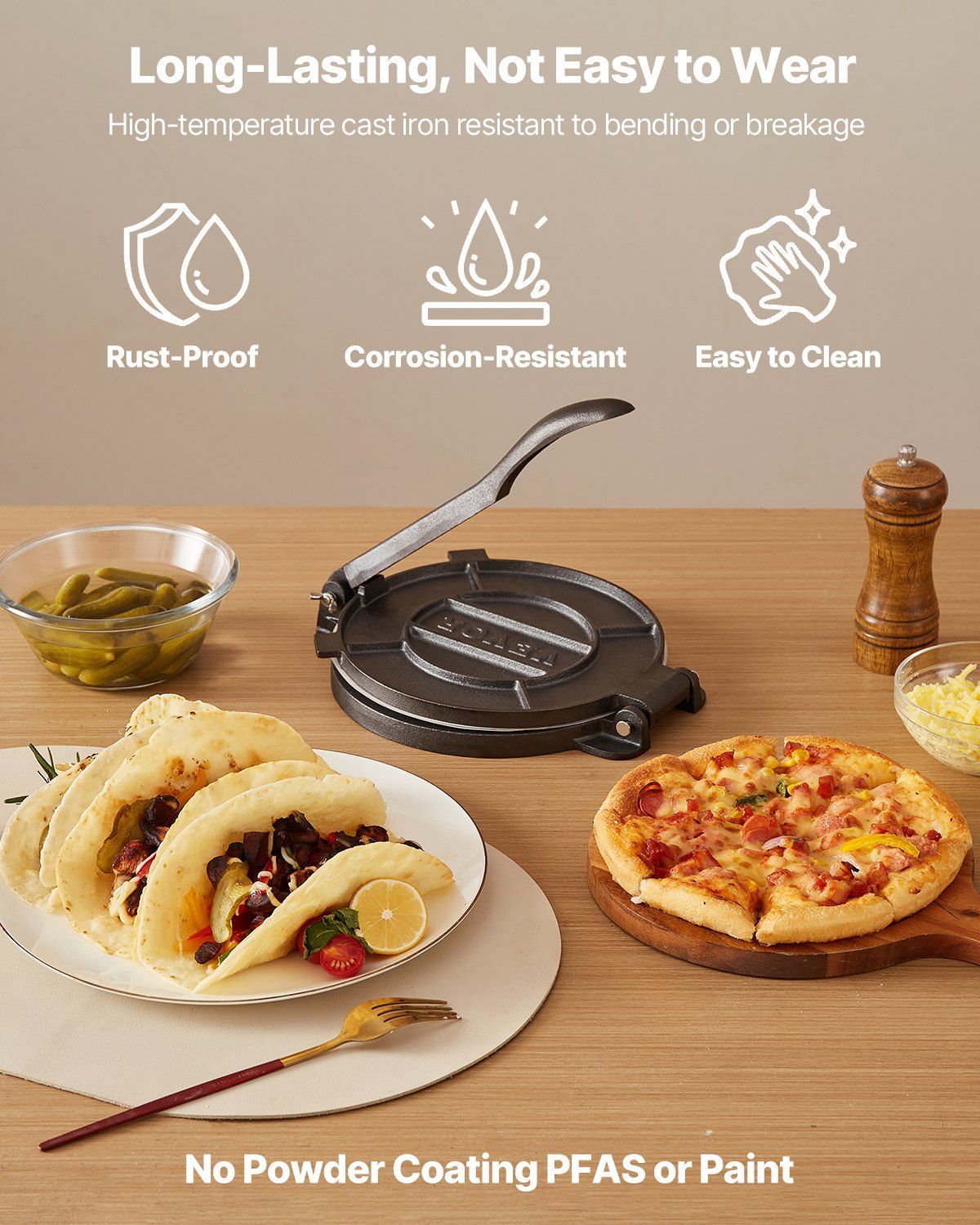 Tortilla Press, 250mm Cast Iron Tortilla and Roti Maker, Heavy Duty Tortilladora Press, Pataconera Makers with Handle and 100 Pcs Parchment Paper, Dough Taco Press for Flour Tortilla, Tawa - Image 6