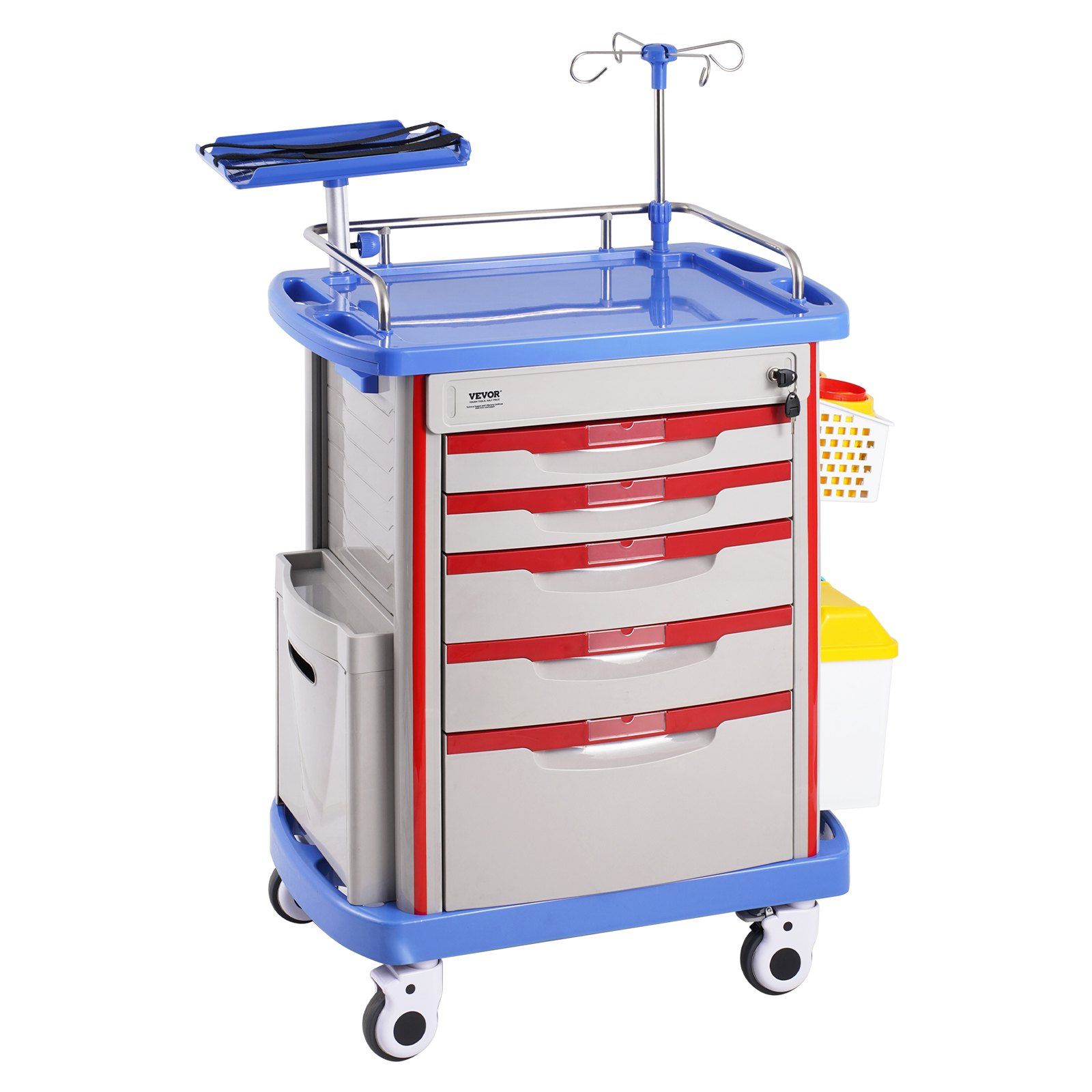 5 Tiers Lab Carts, Lab Utility Cart with 5 Drawers & 4 Silent Wheels, Mobile Medical Cart with PP Material, Lab Rolling Cart with 2 Trash Cans for Lab, Clinic, Hospital, Salon, Blue - Image 1