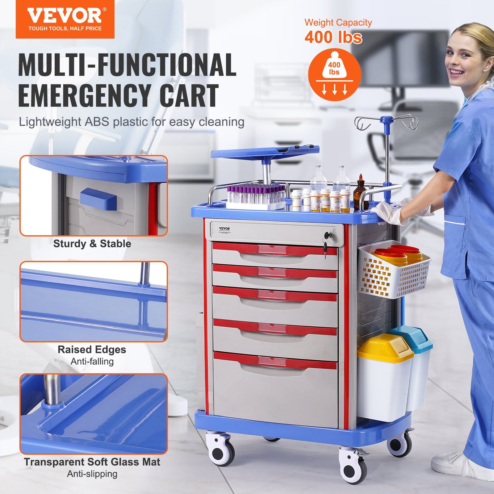5 Tiers Lab Carts, Lab Utility Cart with 5 Drawers & 4 Silent Wheels, Mobile Medical Cart with PP Material, Lab Rolling Cart with 2 Trash Cans for Lab, Clinic, Hospital, Salon, Blue - Image 2