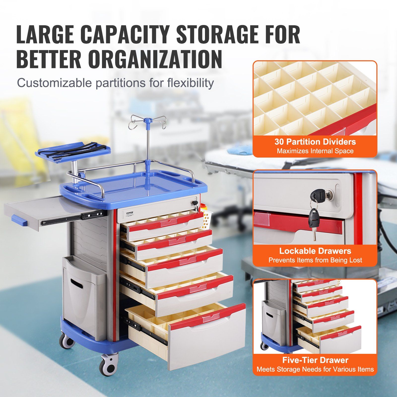 5 Tiers Lab Carts, Lab Utility Cart with 5 Drawers & 4 Silent Wheels, Mobile Medical Cart with PP Material, Lab Rolling Cart with 2 Trash Cans for Lab, Clinic, Hospital, Salon, Blue - Image 3