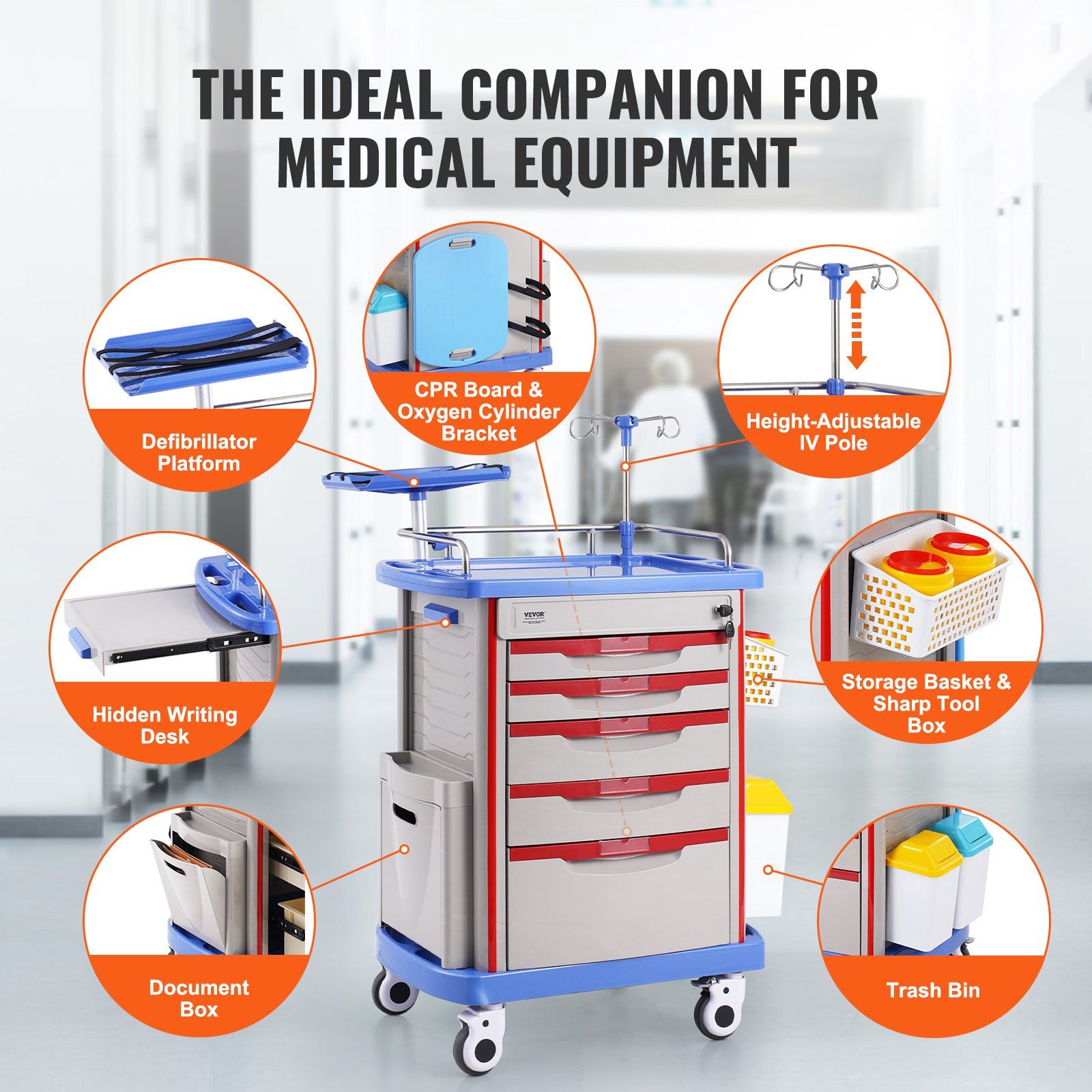 5 Tiers Lab Carts, Lab Utility Cart with 5 Drawers & 4 Silent Wheels, Mobile Medical Cart with PP Material, Lab Rolling Cart with 2 Trash Cans for Lab, Clinic, Hospital, Salon, Blue - Image 4