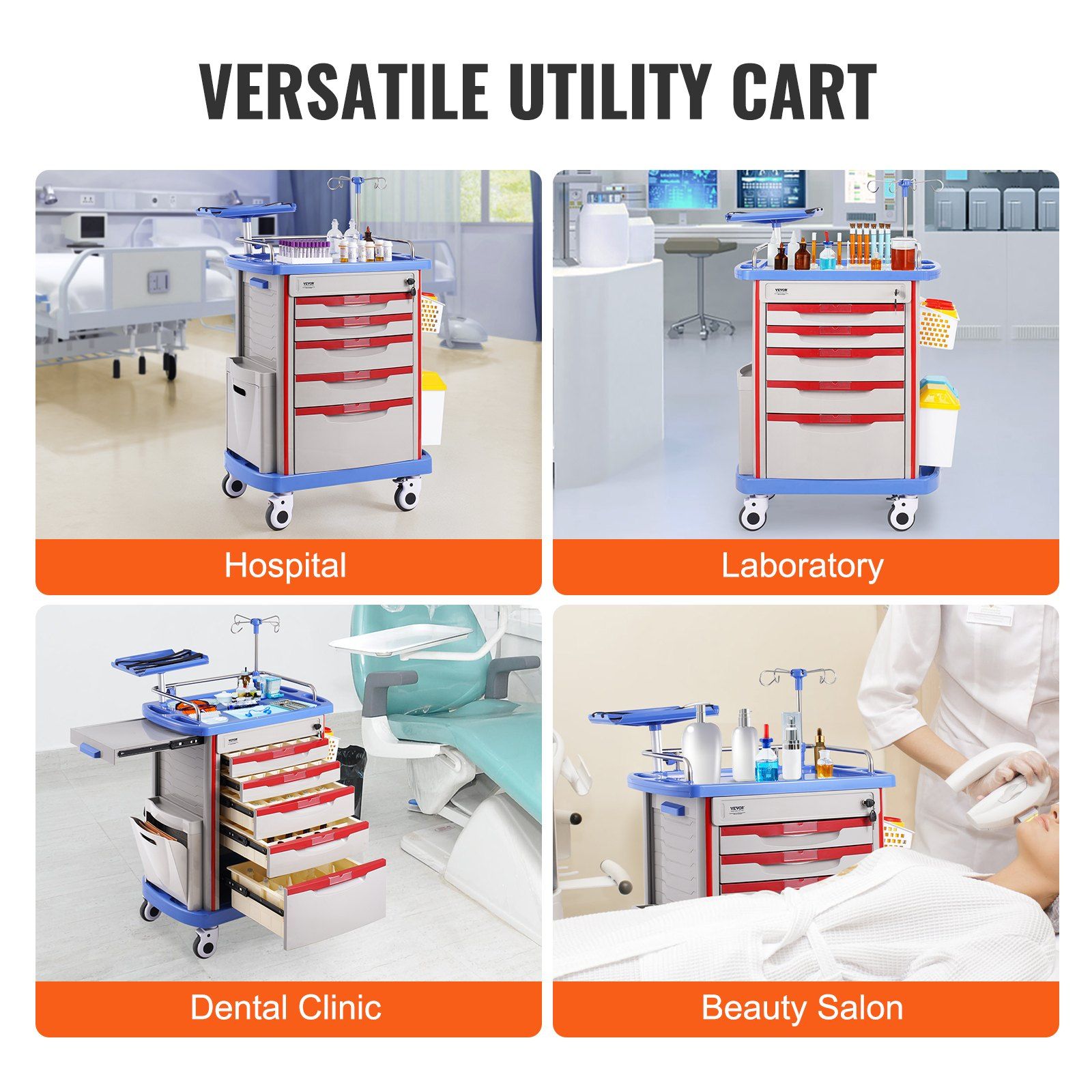 5 Tiers Lab Carts, Lab Utility Cart with 5 Drawers & 4 Silent Wheels, Mobile Medical Cart with PP Material, Lab Rolling Cart with 2 Trash Cans for Lab, Clinic, Hospital, Salon, Blue - Image 6