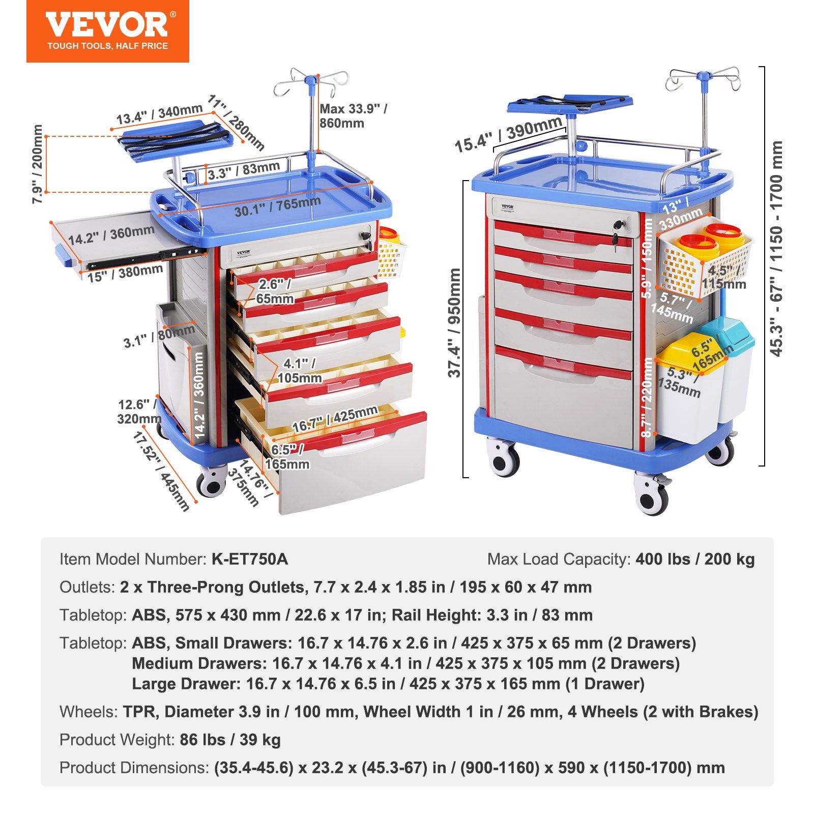5 Tiers Lab Carts, Lab Utility Cart with 5 Drawers & 4 Silent Wheels, Mobile Medical Cart with PP Material, Lab Rolling Cart with 2 Trash Cans for Lab, Clinic, Hospital, Salon, Blue - Image 7