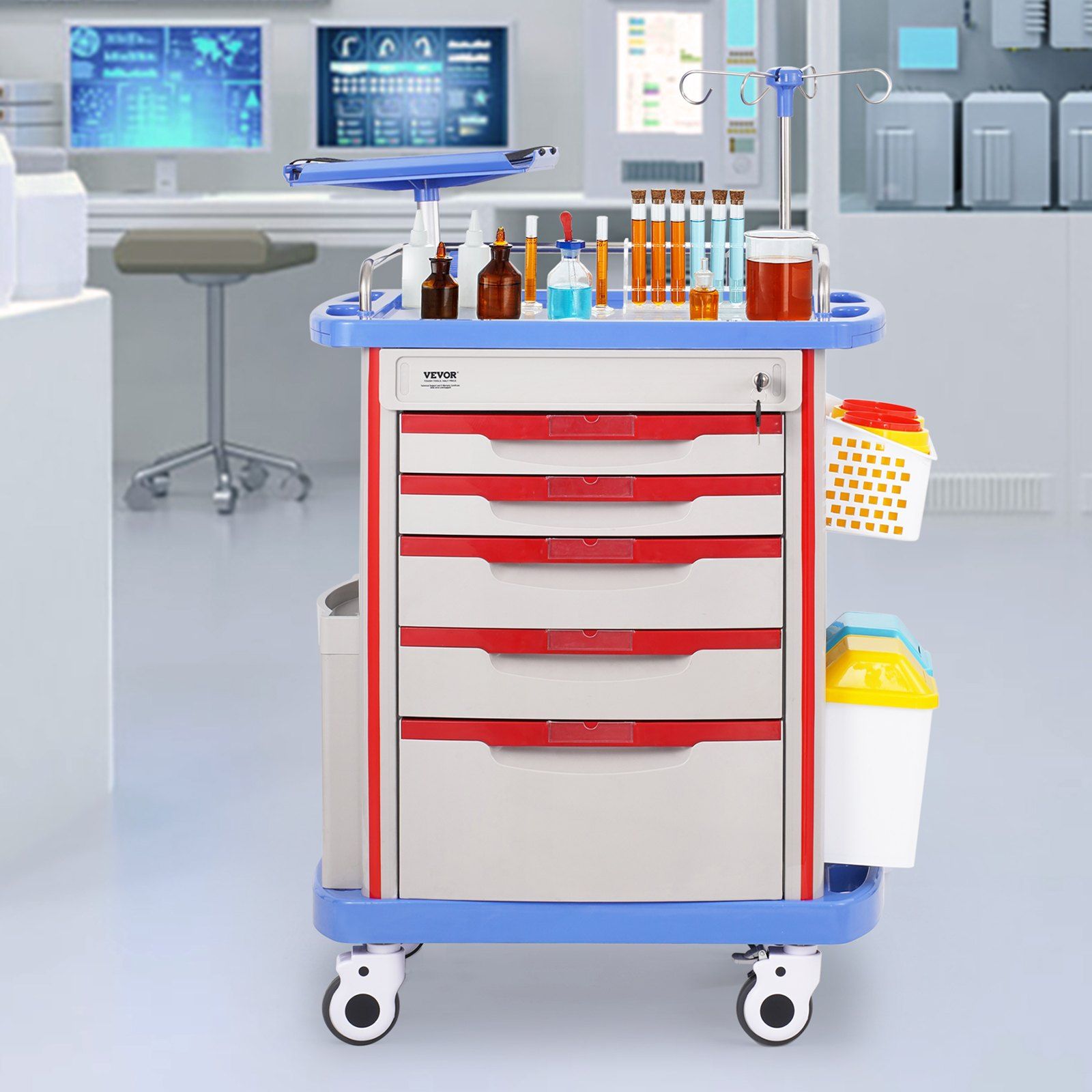 5 Tiers Lab Carts, Lab Utility Cart with 5 Drawers & 4 Silent Wheels, Mobile Medical Cart with PP Material, Lab Rolling Cart with 2 Trash Cans for Lab, Clinic, Hospital, Salon, Blue - Image 8