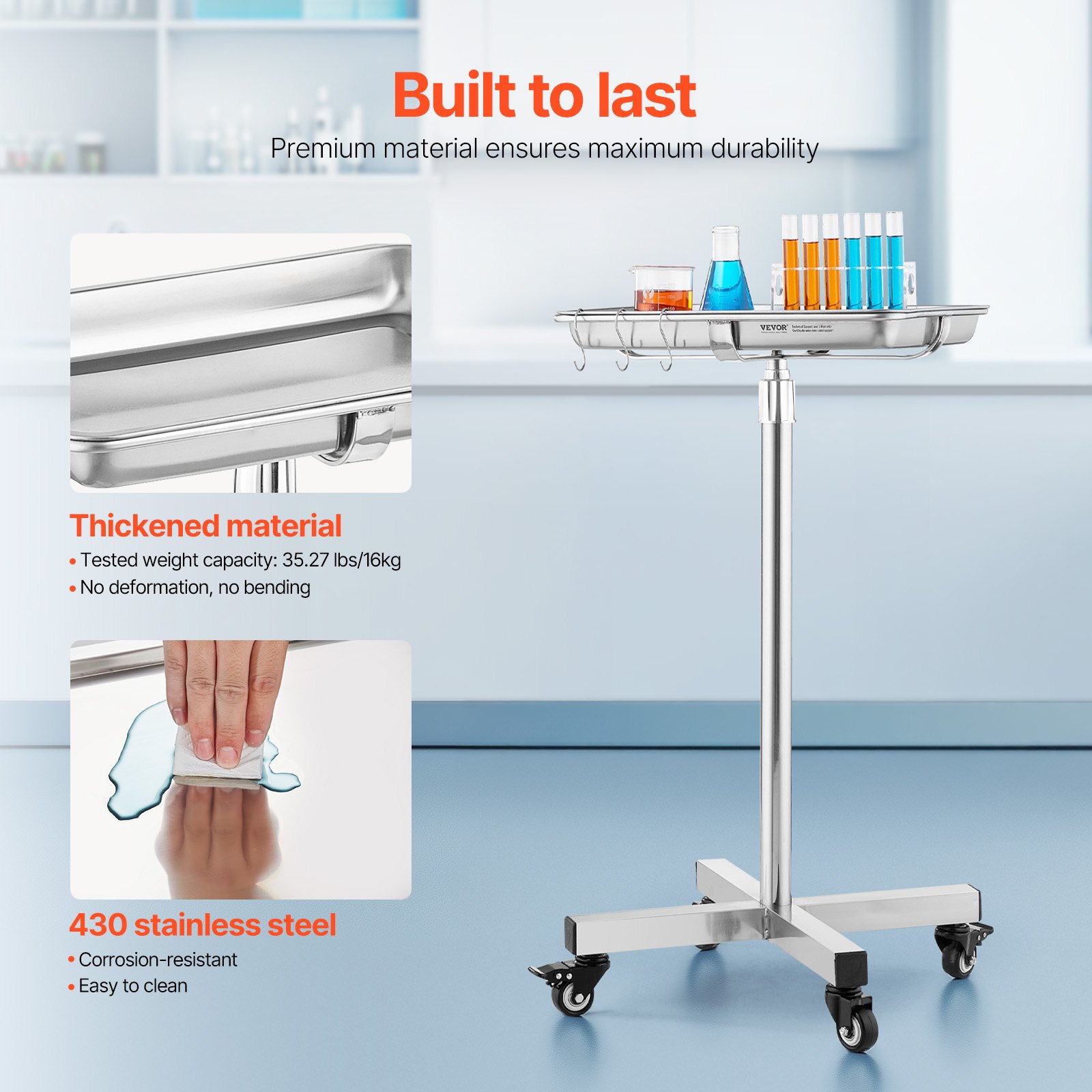 Mayo Stand, Stainless Steel Mayo Tray, Load Capacity up to 35 lbs, Adjustable Height 25.2