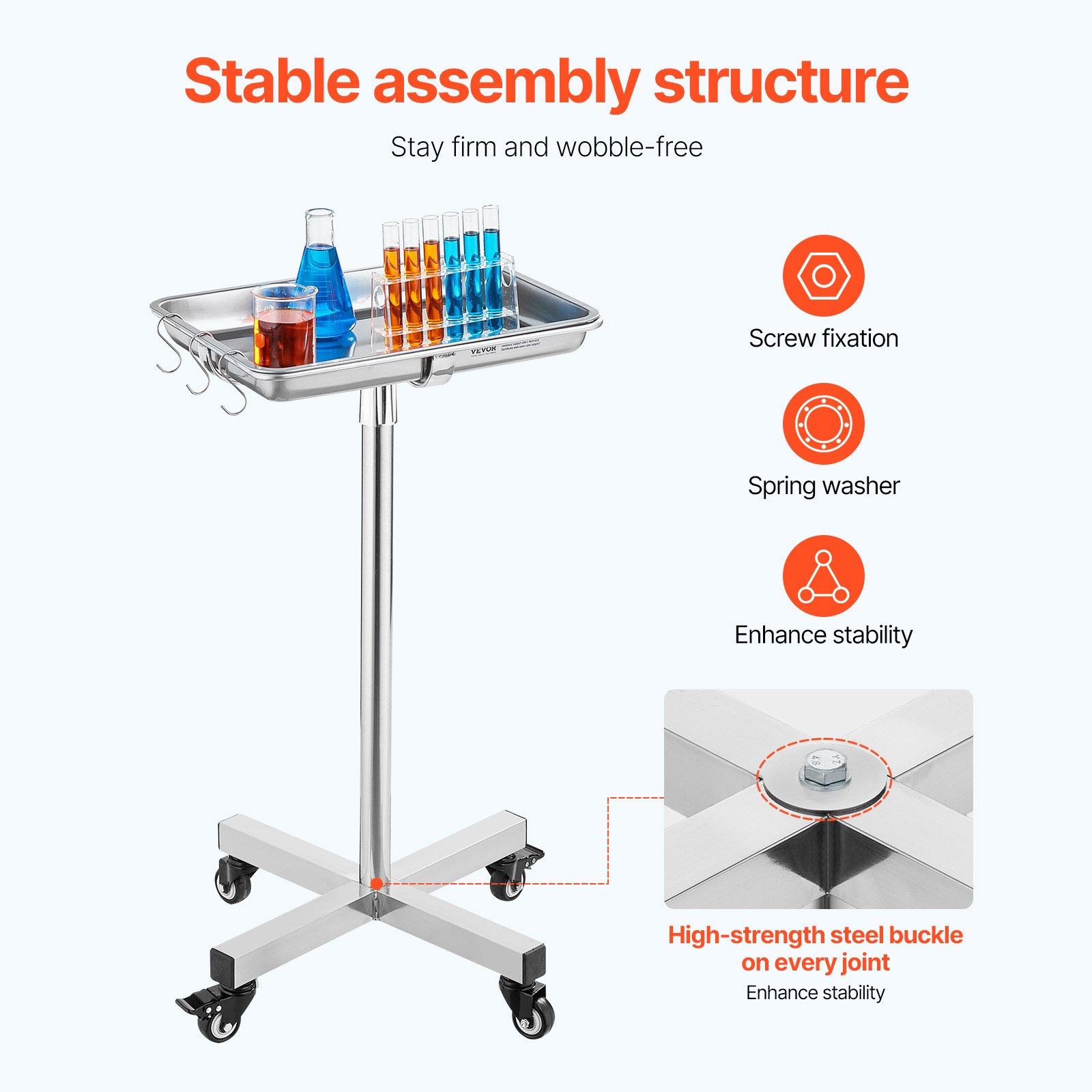 Mayo Stand, Stainless Steel Mayo Tray, Load Capacity up to 35 lbs, Adjustable Height 25.2