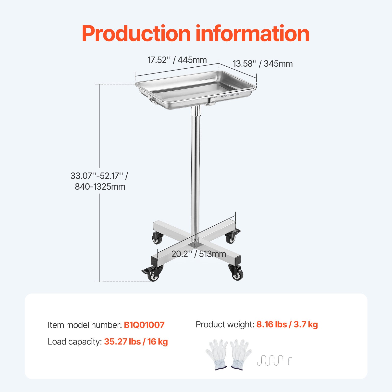 Mayo Stand, Stainless Steel Mayo Tray, Load Capacity up to 35 lbs, Adjustable Height 25.2
