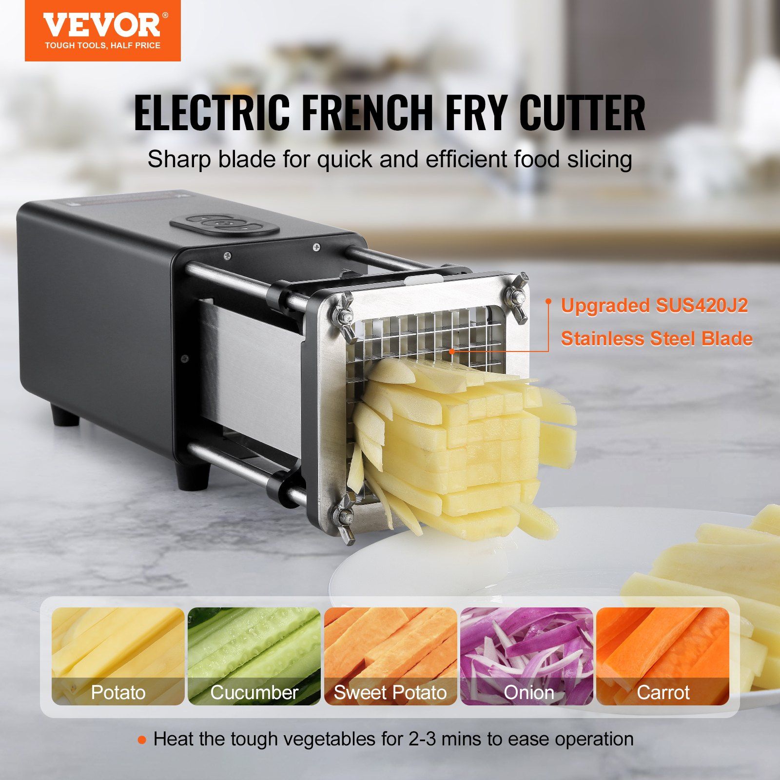 Electric French Fry Cutter, Potato Slicer with 1/2-Inch and 3/8-Inch Stainless Steel Blades, Potato Cutter Chopper w/ Anti-slip Feet, Great for Potato, French Fries, Cucumber, Vegetables, Carrot - Image 2