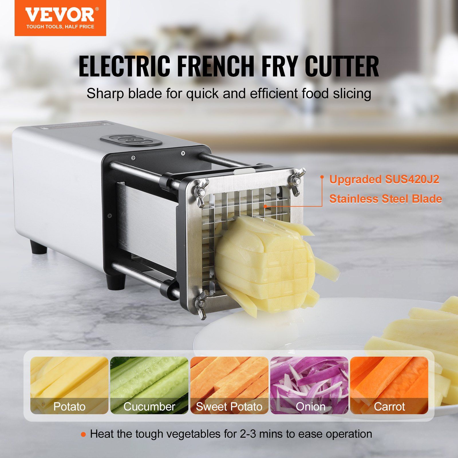 Electric French Fry Cutter, Potato Slicer with 1/2-Inch and 3/8-Inch Stainless Steel Blades, Potato Cutter Chopper w/ Anti-slip Feet, Great for Potato, French Fries, Cucumber, Vegetables, Carrot - Image 2