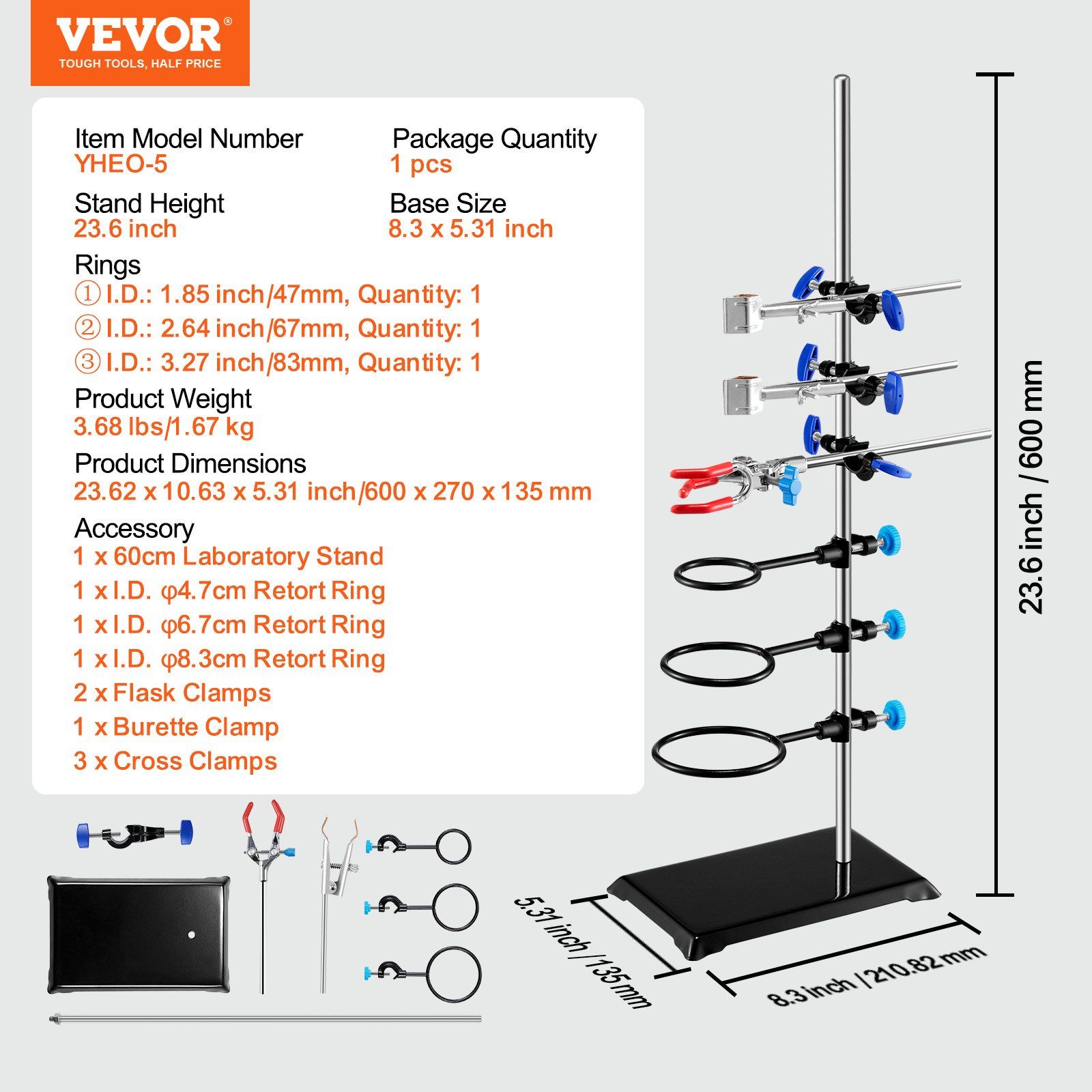 Lab Stand Support, Laboratory Retort Support Stand Set, Steel Lab Stand 23.6