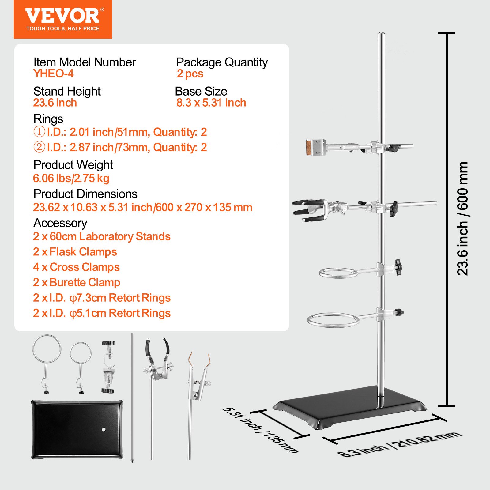 Lab Stand Support, Laboratory Retort Support Stand 2 Sets, Steel Lab Stand 23.6