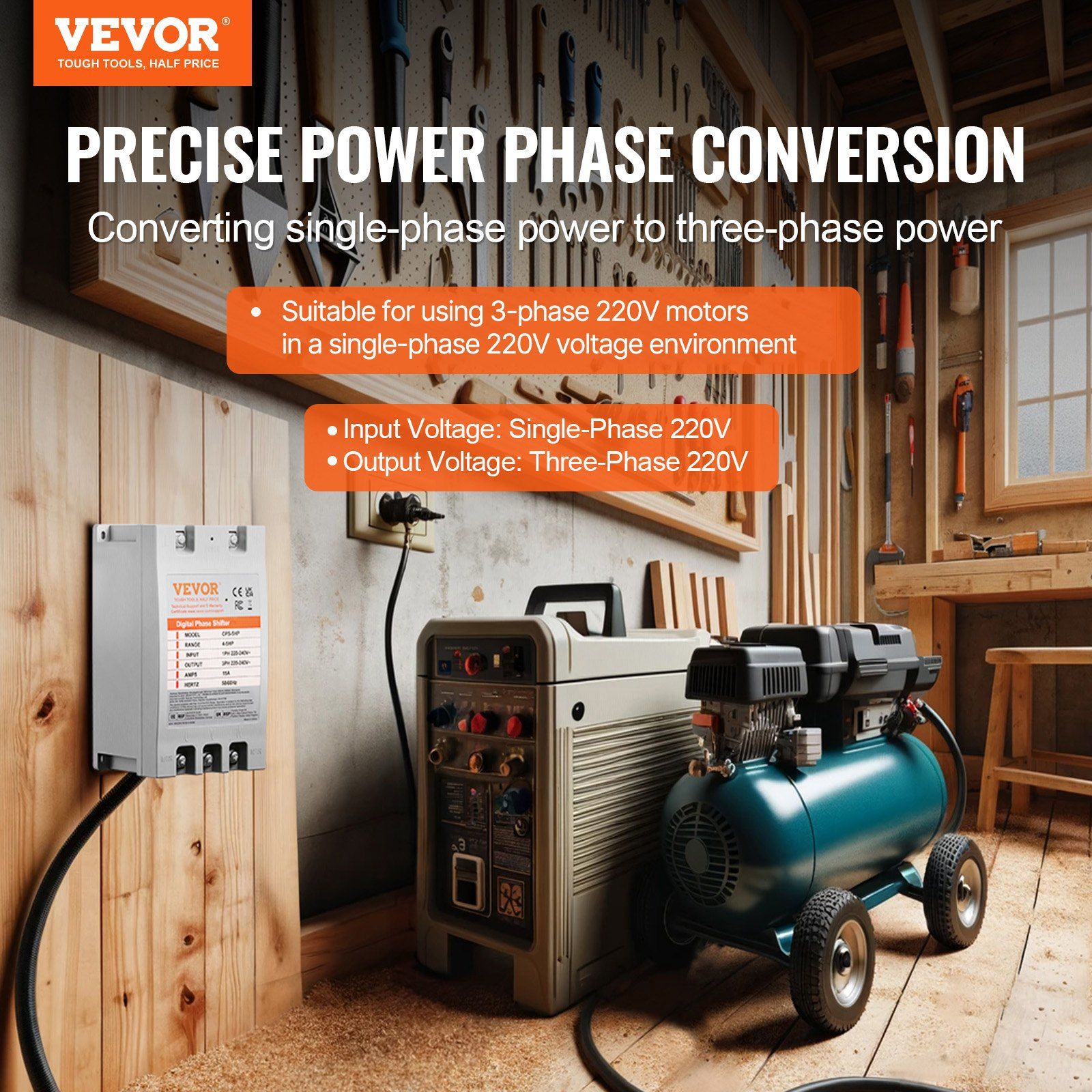 3 Phase Converter - 5HP 15A 220V Single Phase to 3 Phase Converter, Digital Phase Shifter for Residential and Light Commercial Use, 220V Input/Output (One Converter for One Motor Only) - Image 2