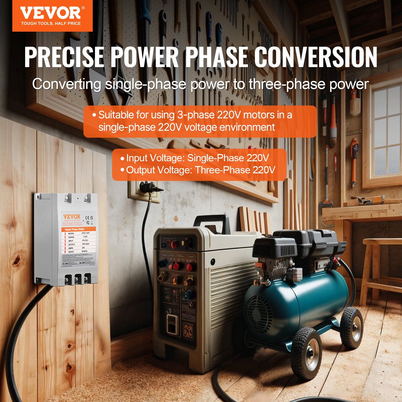 3 Phase Converter- 7.5HP 23A 220V Single Phase to 3 Phase Converter, Digital Phase Shifter for Residential & Light Commercial Use, 220V Input/Output (One DPS Must Be Used on One Motor Only) - Image 2