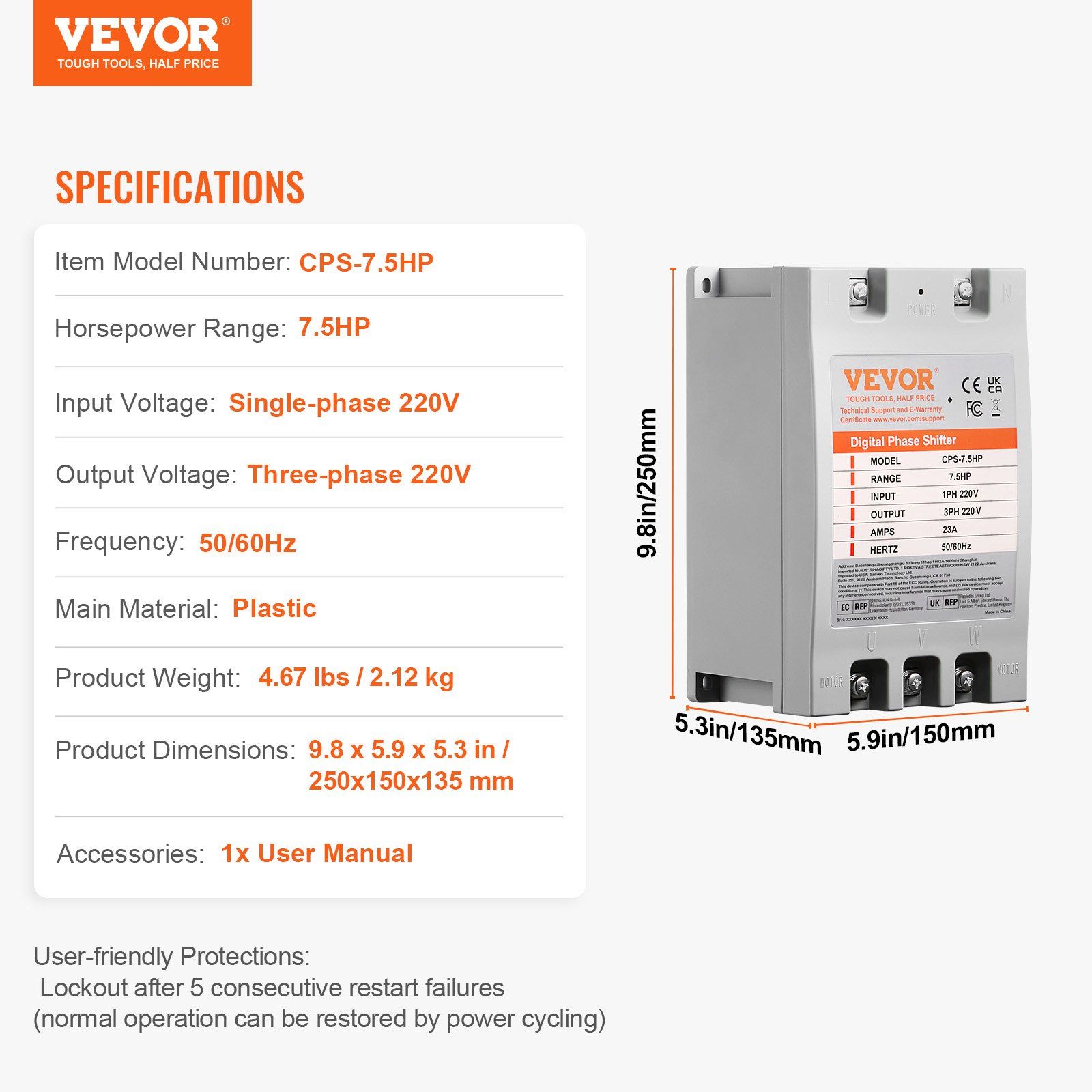 3 Phase Converter- 7.5HP 23A 220V Single Phase to 3 Phase Converter, Digital Phase Shifter for Residential & Light Commercial Use, 220V Input/Output (One DPS Must Be Used on One Motor Only) - Image 7