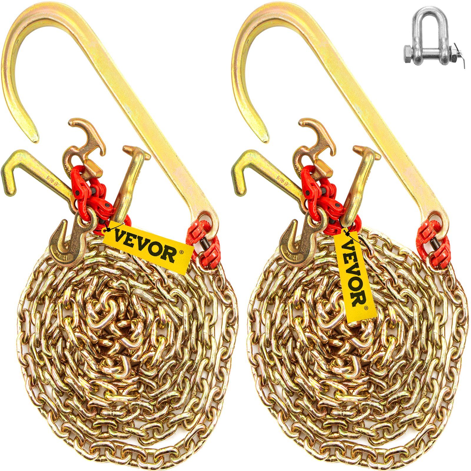 J Hook Chain, 2PCS 8 mm x 300 cm G80 Long Shank J Hook Tow Chain with RTJ Cluster Hook & Grab Hook, 2448 kg Working Load, Heavy Duty Transport Truck Chain for Wrecker Recovery Trailer Towing - Image 1