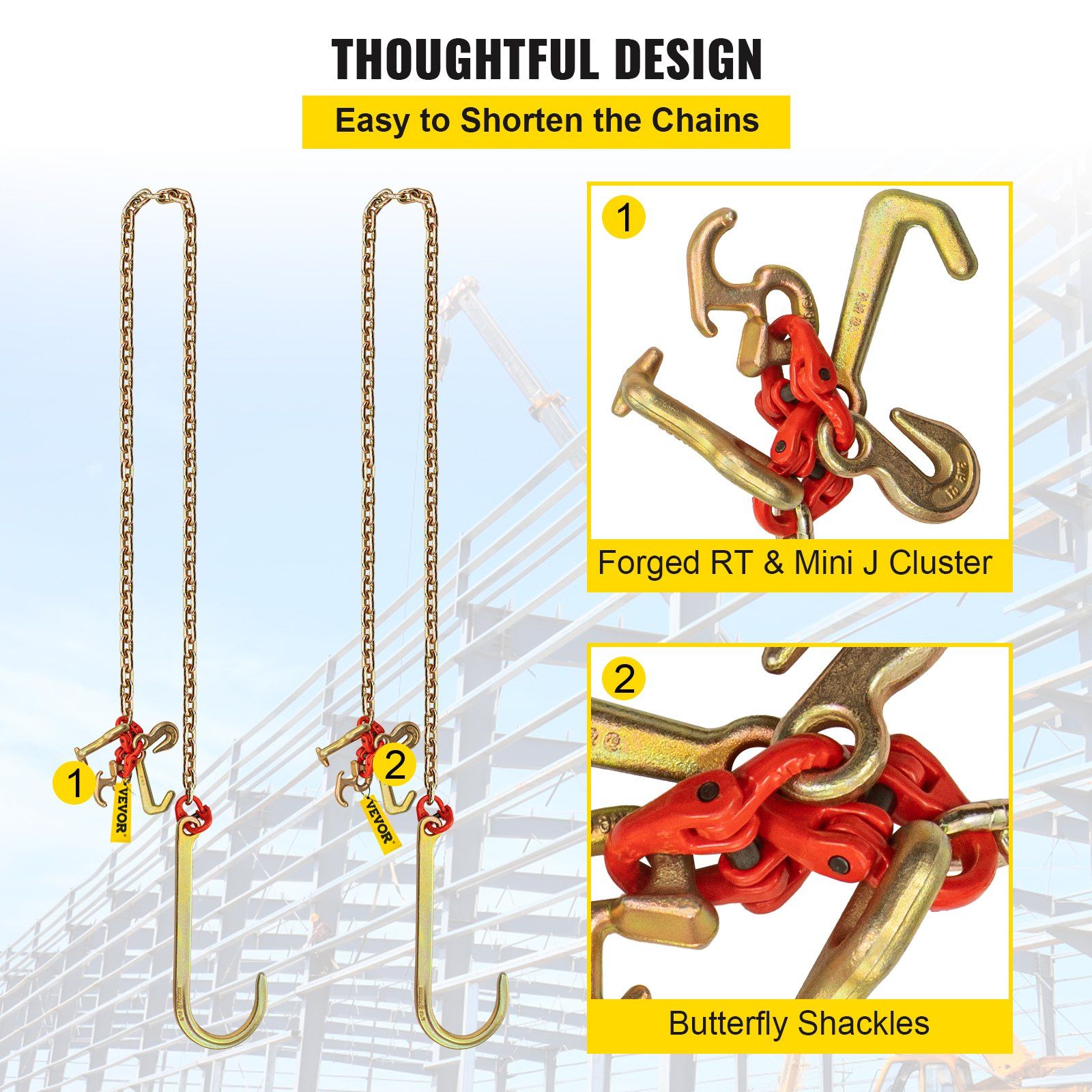 J Hook Chain, 2PCS 8 mm x 300 cm G80 Long Shank J Hook Tow Chain with RTJ Cluster Hook & Grab Hook, 2448 kg Working Load, Heavy Duty Transport Truck Chain for Wrecker Recovery Trailer Towing - Image 3