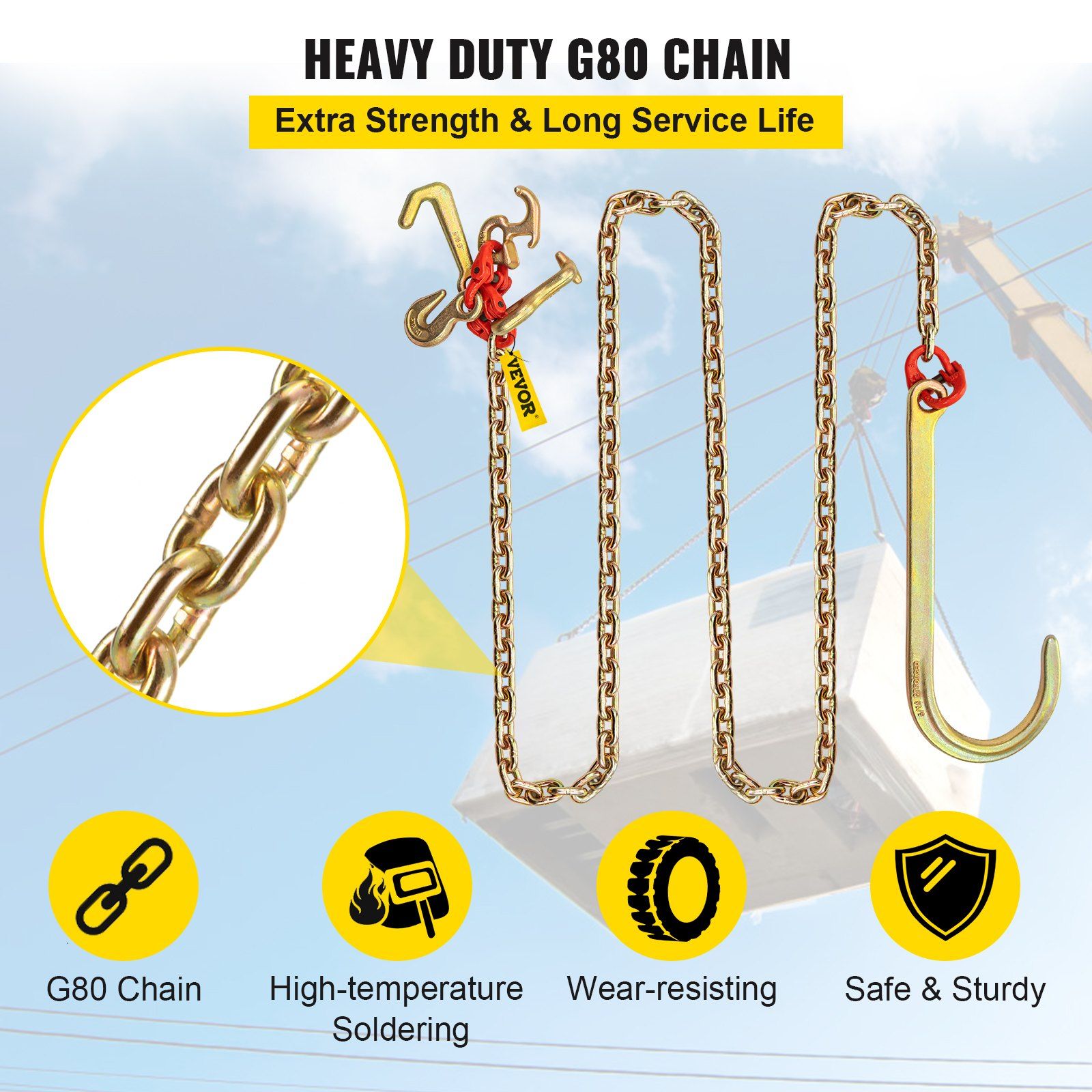 J Hook Chain, 2PCS 8 mm x 300 cm G80 Long Shank J Hook Tow Chain with RTJ Cluster Hook & Grab Hook, 2448 kg Working Load, Heavy Duty Transport Truck Chain for Wrecker Recovery Trailer Towing - Image 5