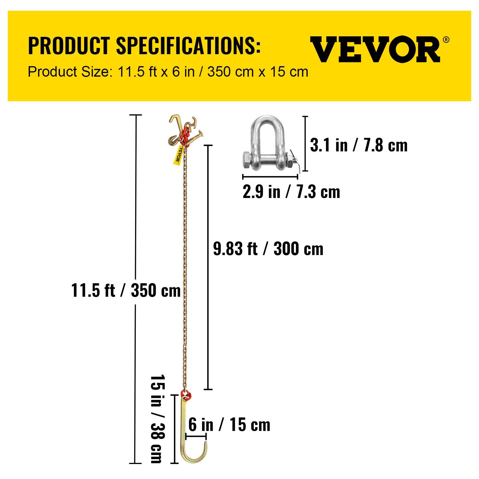J Hook Chain, 2PCS 8 mm x 300 cm G80 Long Shank J Hook Tow Chain with RTJ Cluster Hook & Grab Hook, 2448 kg Working Load, Heavy Duty Transport Truck Chain for Wrecker Recovery Trailer Towing - Image 7