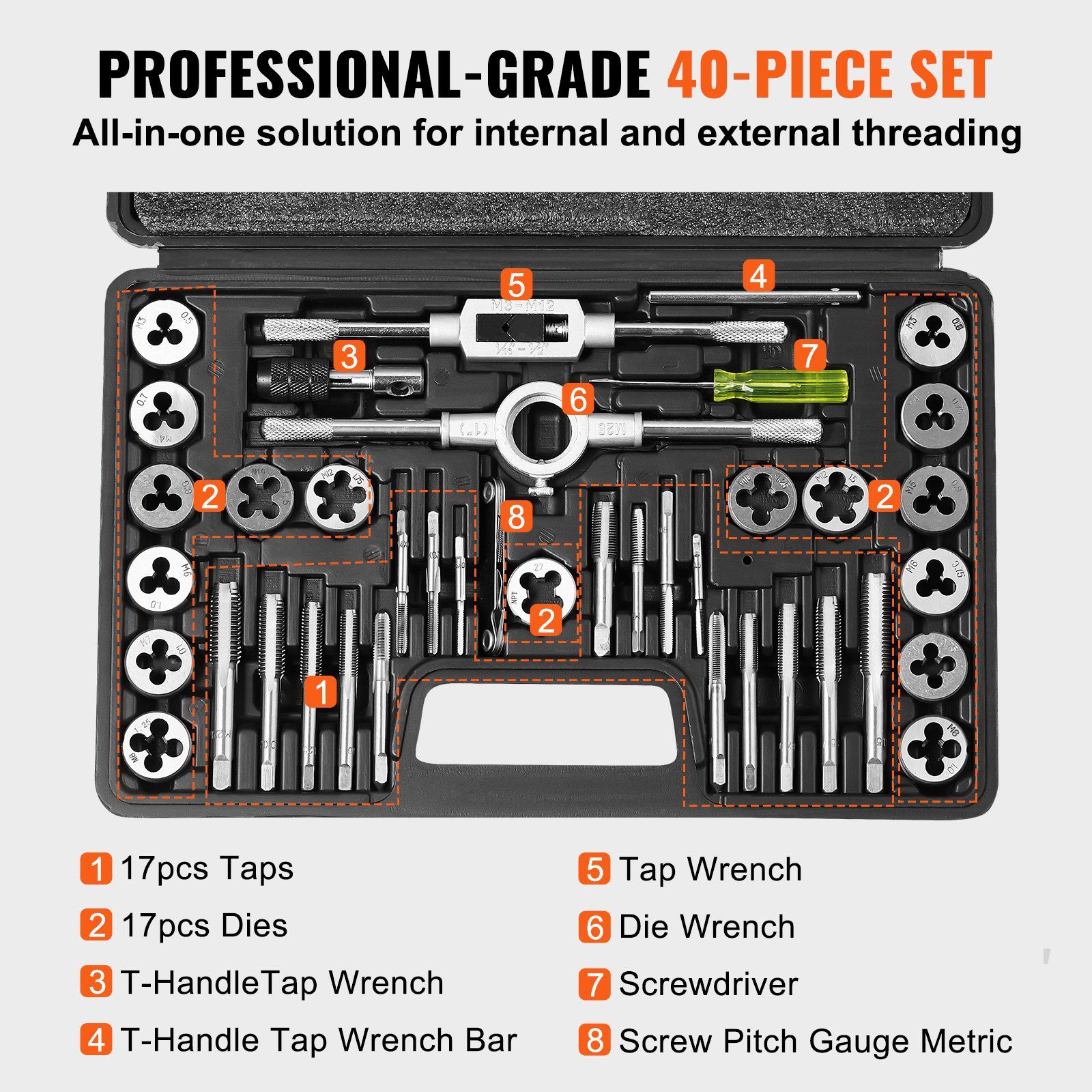 Tap and Die Set, 40-Piece Include Metric Size M3 to M12, Bearing Steel Taps and Dies, Essential Threading Tool for Cutting External Internal Threads, with Complete Accessories and Storage Case - Image 4
