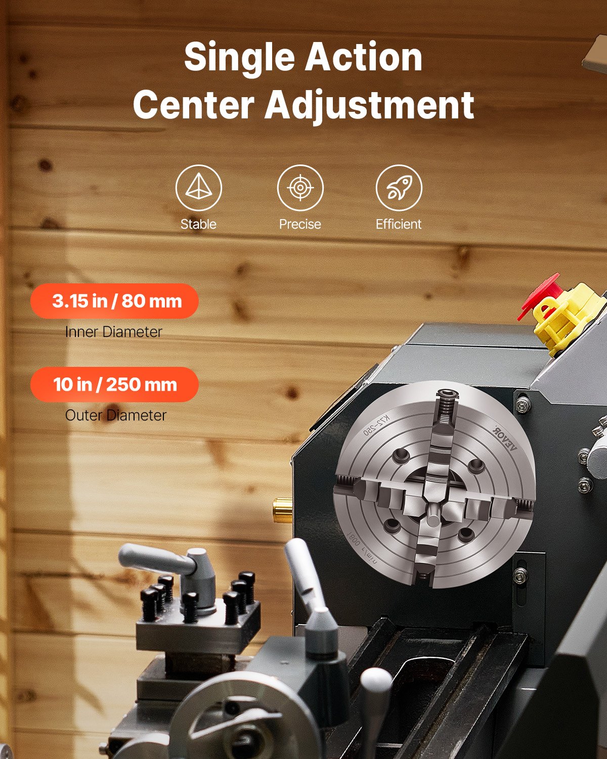 4-Jaw Lathe Chuck, 10 in (250 mm), Lathe Chuck, 0.6-9.84 in (15-250 mm) Clamping Range with T-key Fixing Screws Reversible Jaws, HT300 Cast Iron Material, Internal External for Wood Metal Lathe - Image 3