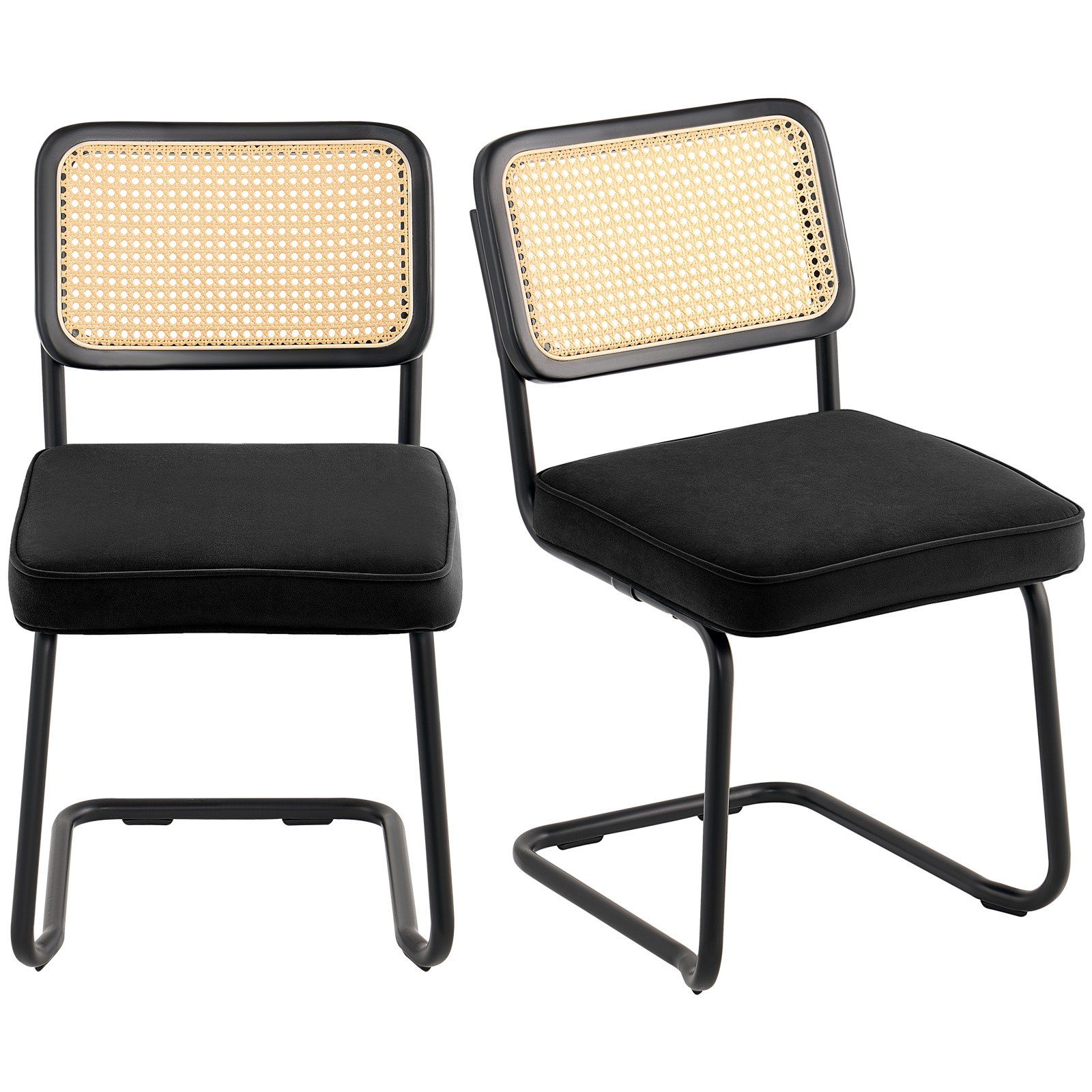 Rattan Chairs, Set of 2, Mid Century Modern Dining Chair, Upholstered Velvet Accent Chair with Rattan Back, Retro Dining Room Kitchen Chair for Living Room, Bedroom, Reading Room, Office, Black - Image 1