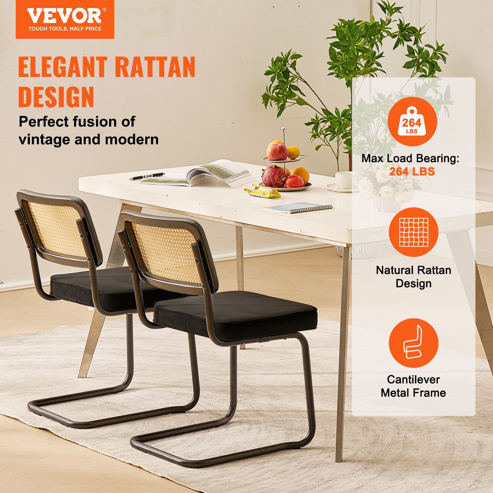 Rattan Chairs, Set of 2, Mid Century Modern Dining Chair, Upholstered Velvet Accent Chair with Rattan Back, Retro Dining Room Kitchen Chair for Living Room, Bedroom, Reading Room, Office, Black - Image 2