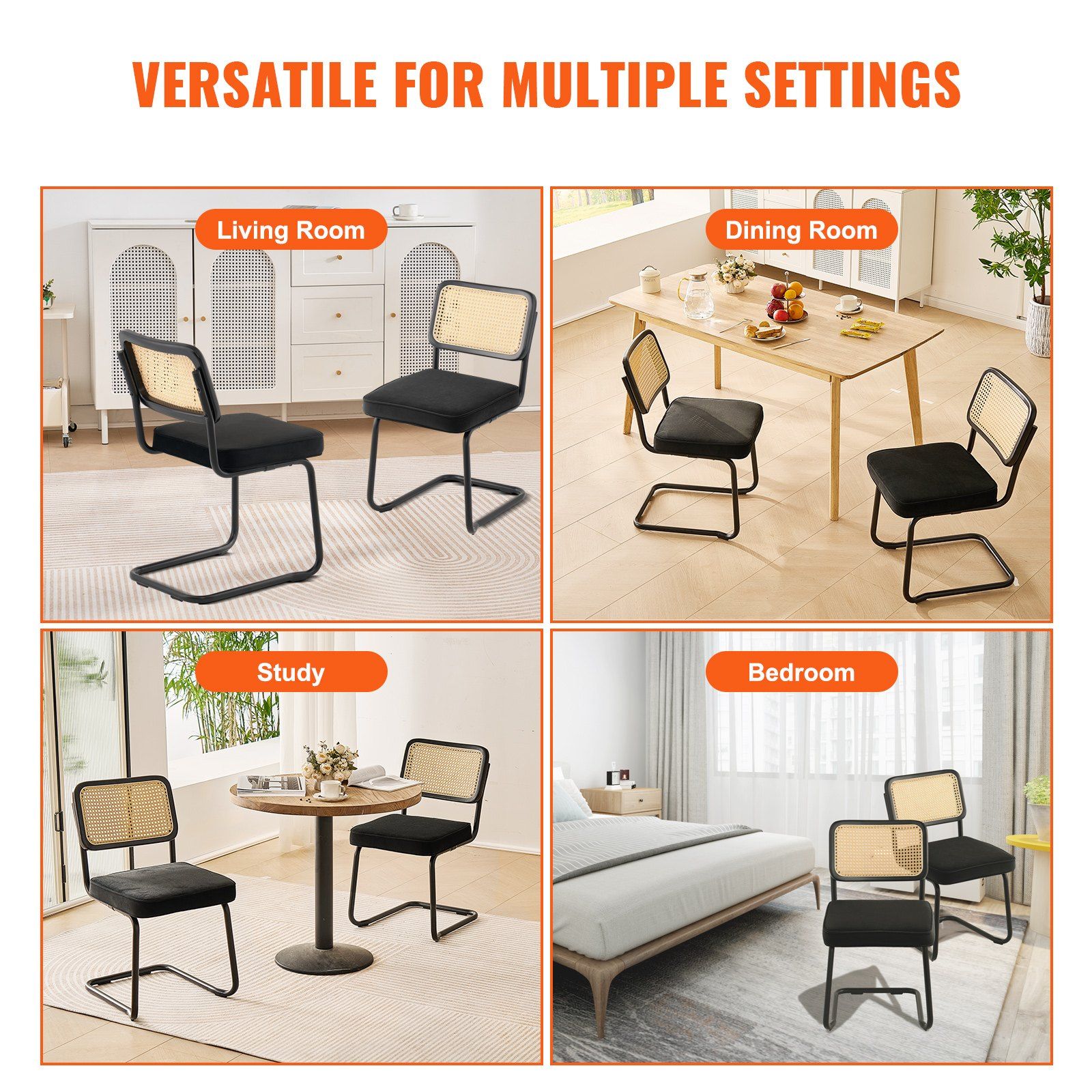 Rattan Chairs, Set of 2, Mid Century Modern Dining Chair, Upholstered Velvet Accent Chair with Rattan Back, Retro Dining Room Kitchen Chair for Living Room, Bedroom, Reading Room, Office, Black - Image 5