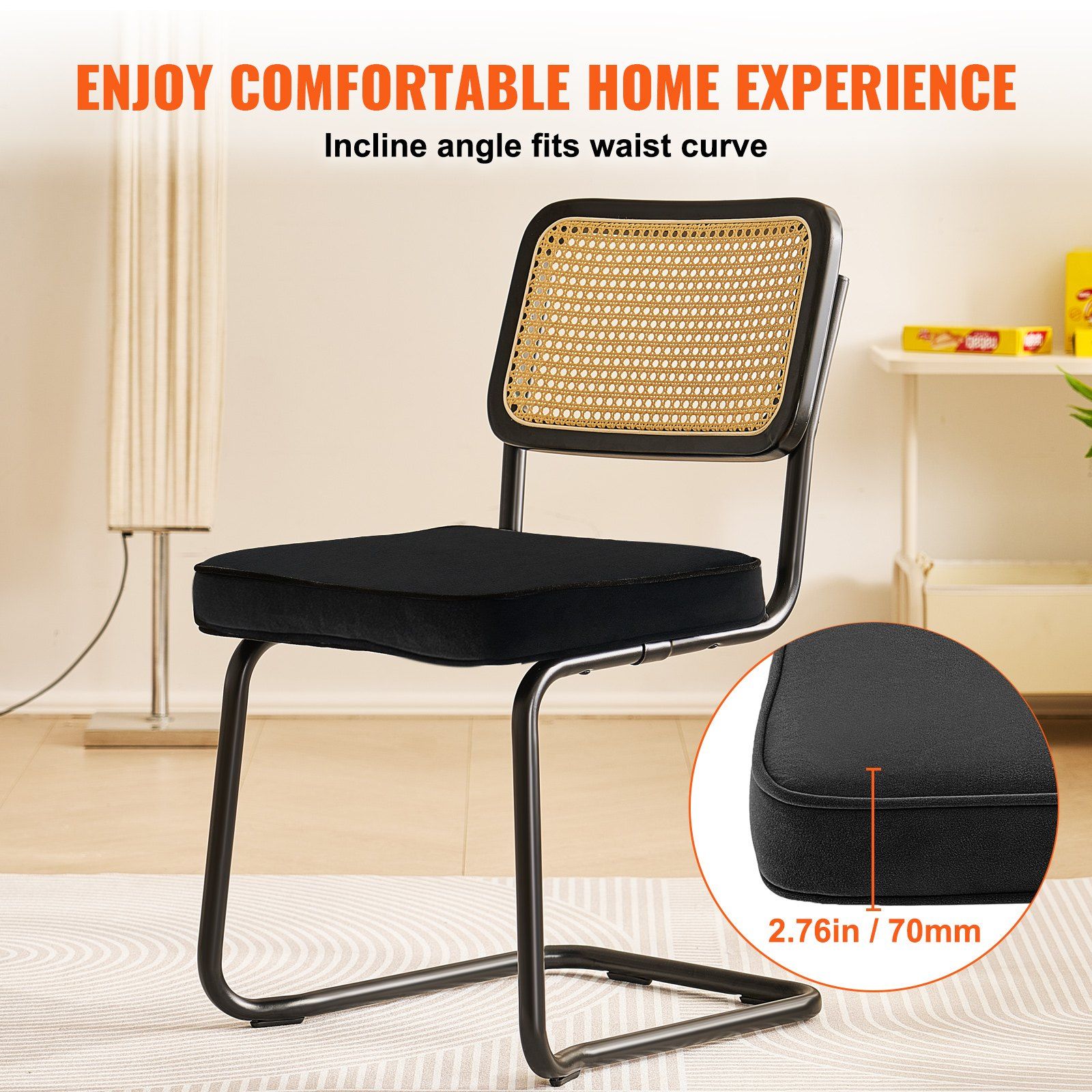 Rattan Chairs, Set of 2, Mid Century Modern Dining Chair, Upholstered Velvet Accent Chair with Rattan Back, Retro Dining Room Kitchen Chair for Living Room, Bedroom, Reading Room, Office, Black - Image 6