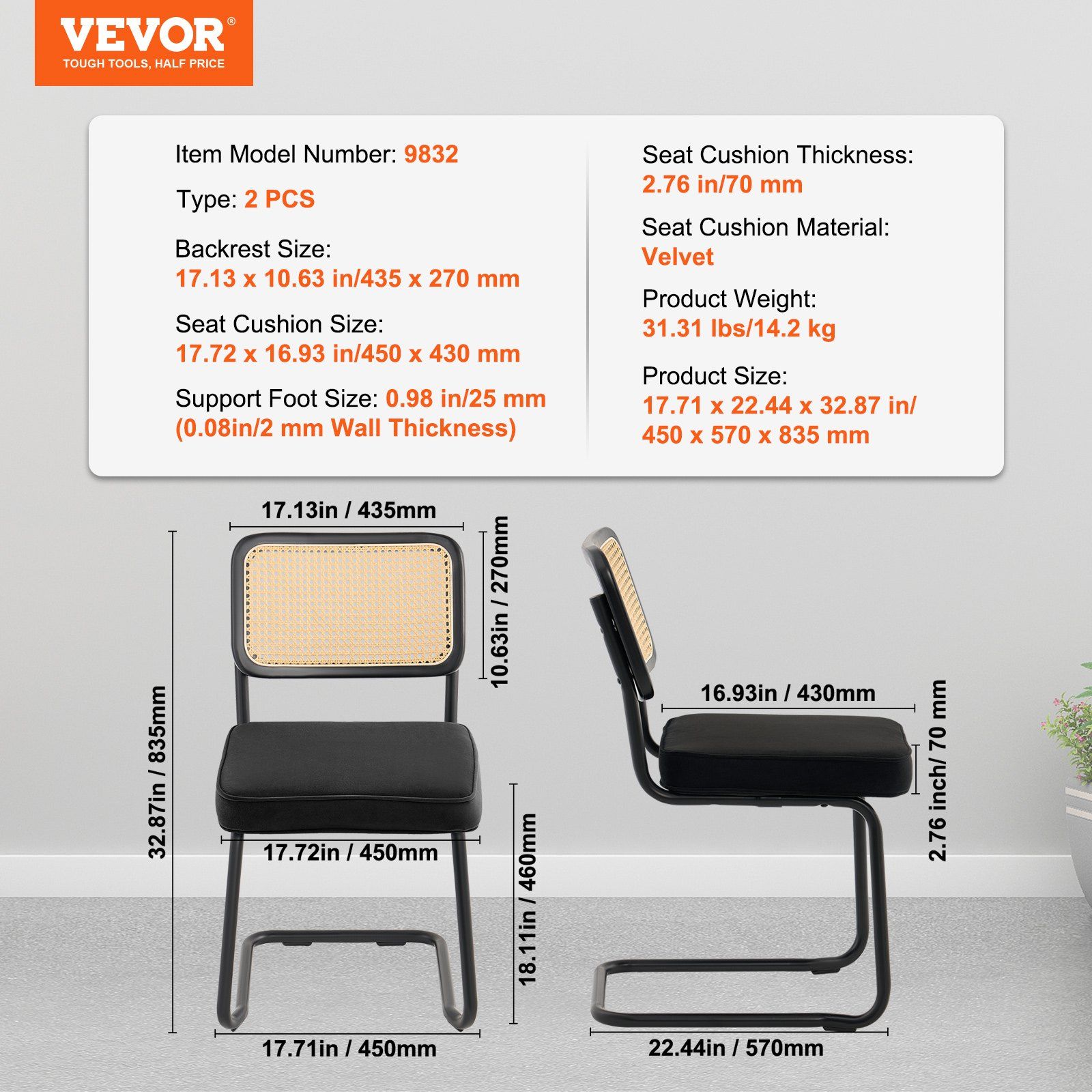 Rattan Chairs, Set of 2, Mid Century Modern Dining Chair, Upholstered Velvet Accent Chair with Rattan Back, Retro Dining Room Kitchen Chair for Living Room, Bedroom, Reading Room, Office, Black - Image 7